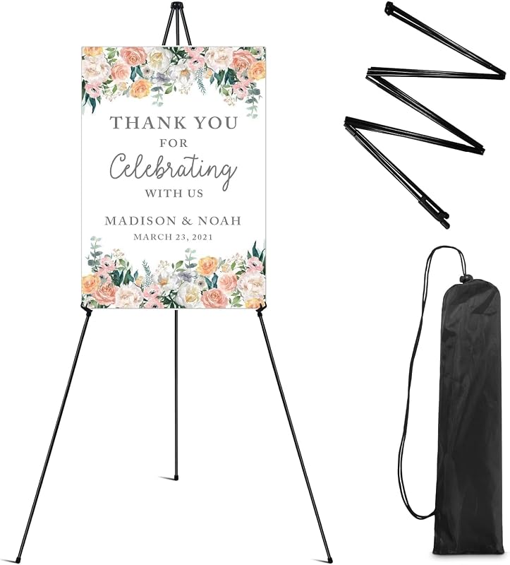 RRFTOK 63 Inch Easel Stand for Sign, Poster Stand and Wedding Sign | Instant-fold metal tripod with carry bag for welcome sign, poster display, foam board and floor use