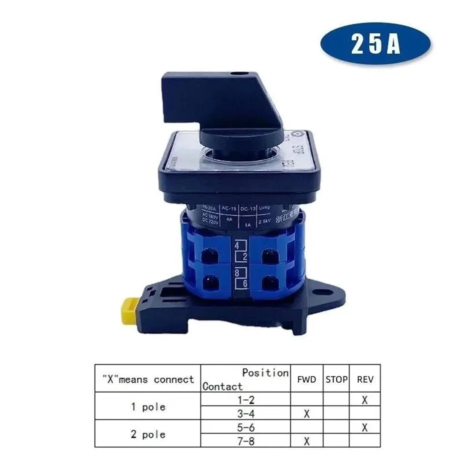 YMW26 LW26-25/2 DIN Rail Mount FWD-Stop-REV Changeover Rotary Cam Switch 25A 690V Selector Silver Contact Control Motor LW28 1Pcs