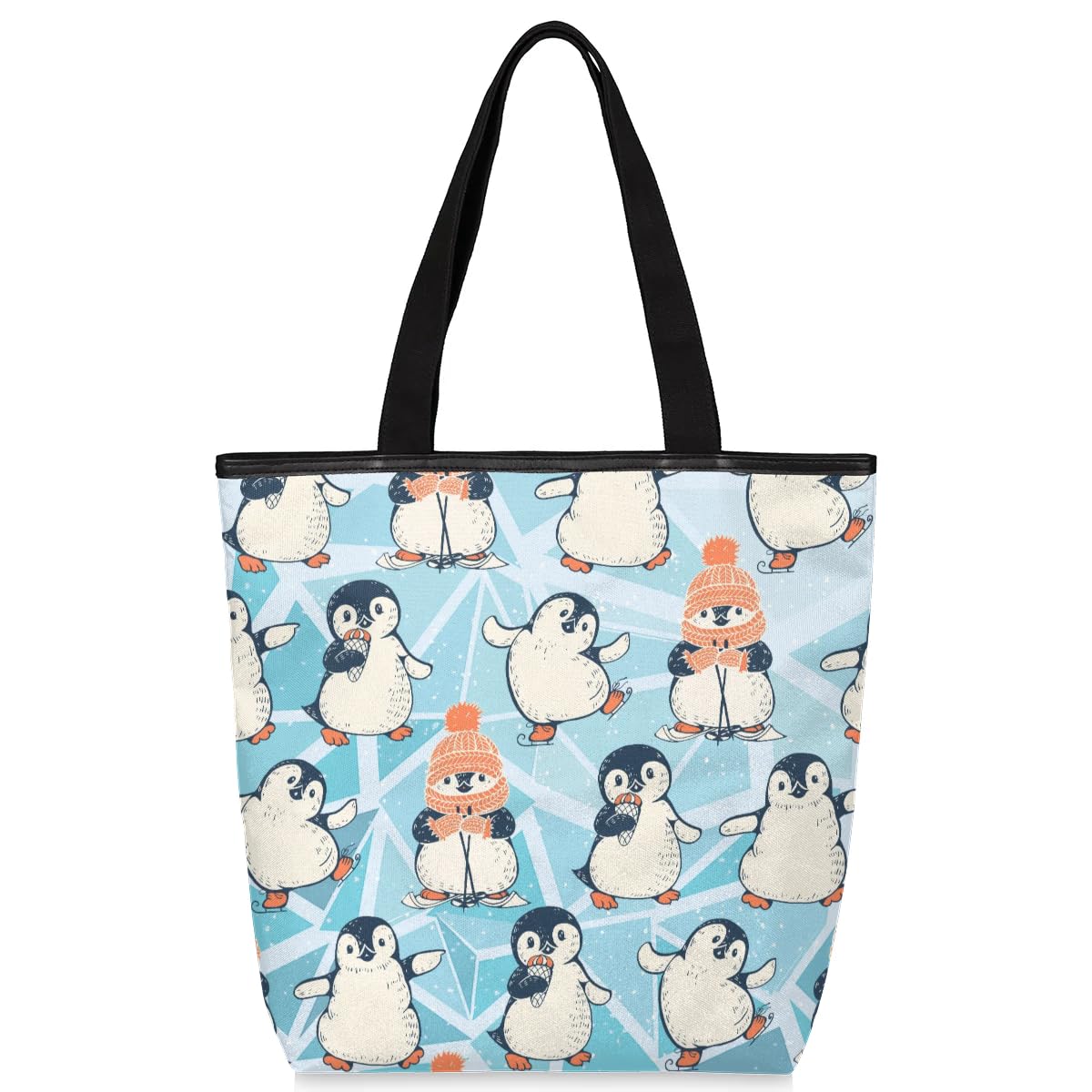 Mularoka Penguin Skating Canvas Tote Bag with Zipper and Pockets Canvas Tote Shopping Bag Women Reusable Grocery Bag for Beach Travel Gym Shopping