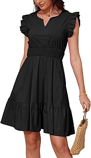Women's Ruffle Sleeve Layered Dress Pockets Elastic Waist 2025 V Neck Above Knee Summer Casual Cute Dress
