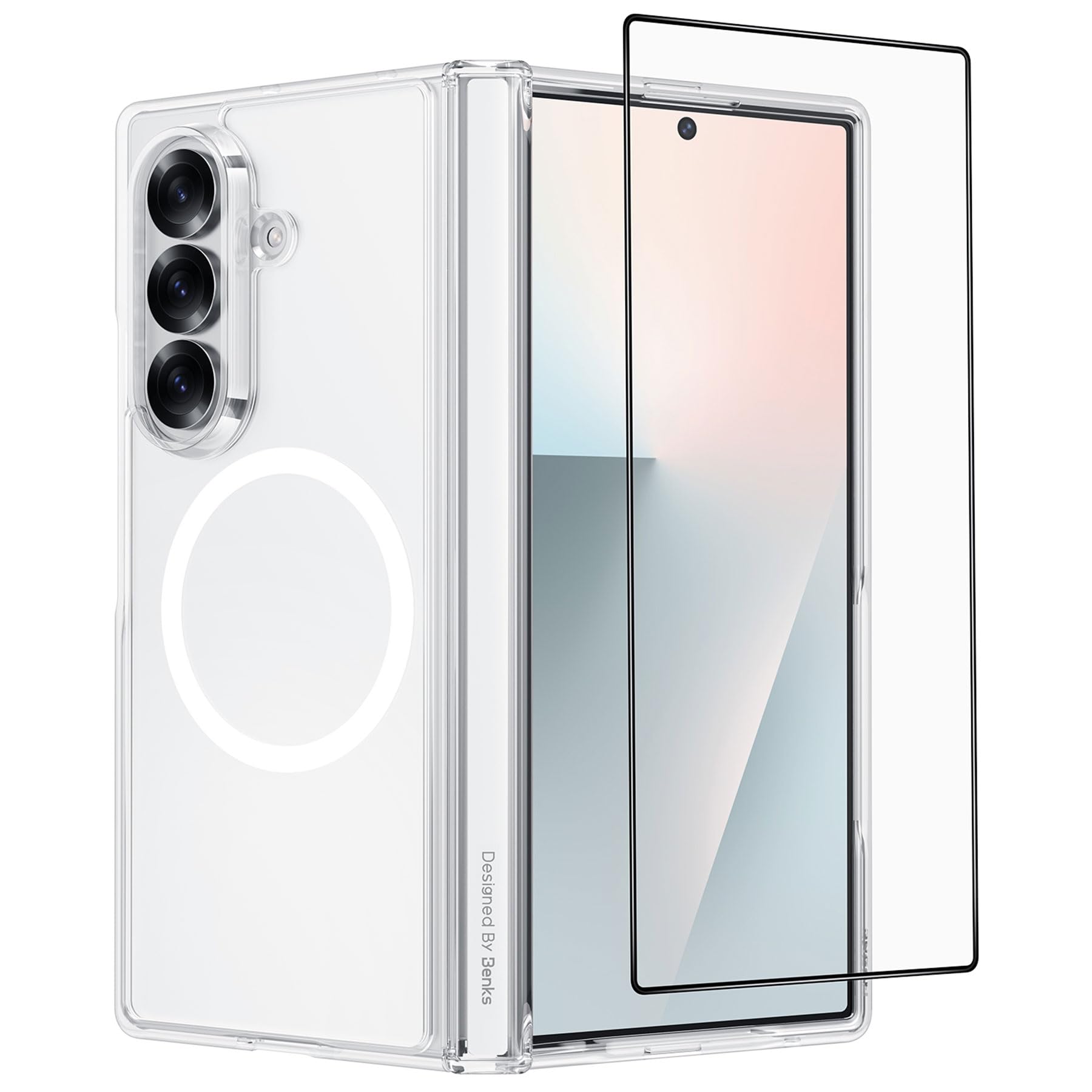 BENKS Clear Combo für Samsung Galaxy Z Fold 7 Hülle, Magnetische Schutzhülle mit Scharnierschutz und Schutzfolie, MagSafe-Kompatibel, Stoßfest, Dünn & Leicht, Vergilbungsresistent