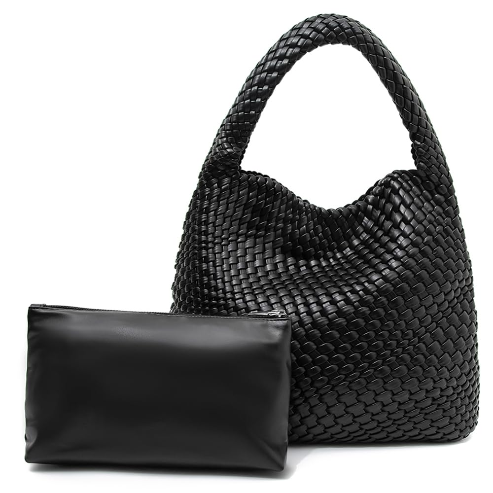 Puxvnizo Women Woven Tote Bag, Soft Vegan Leather Top-handle Handbag, Large Capacity Underarm Bag with Purse