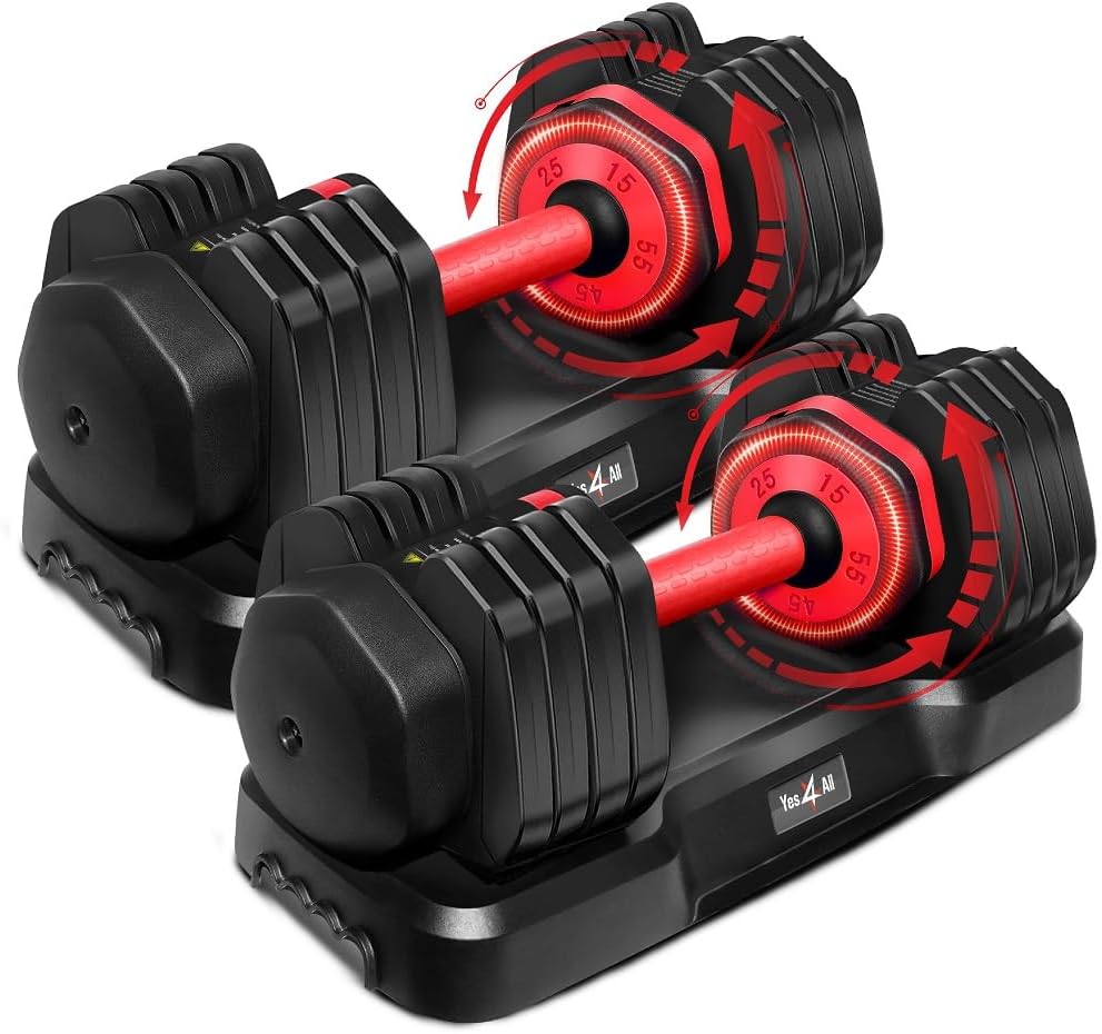 Yes4All 55LB Single/Pair Adjustable Dumbbells Weights, 5 in 1 Free Weights Dumbbell with One Second Dial Handle for Different Workout Levels
