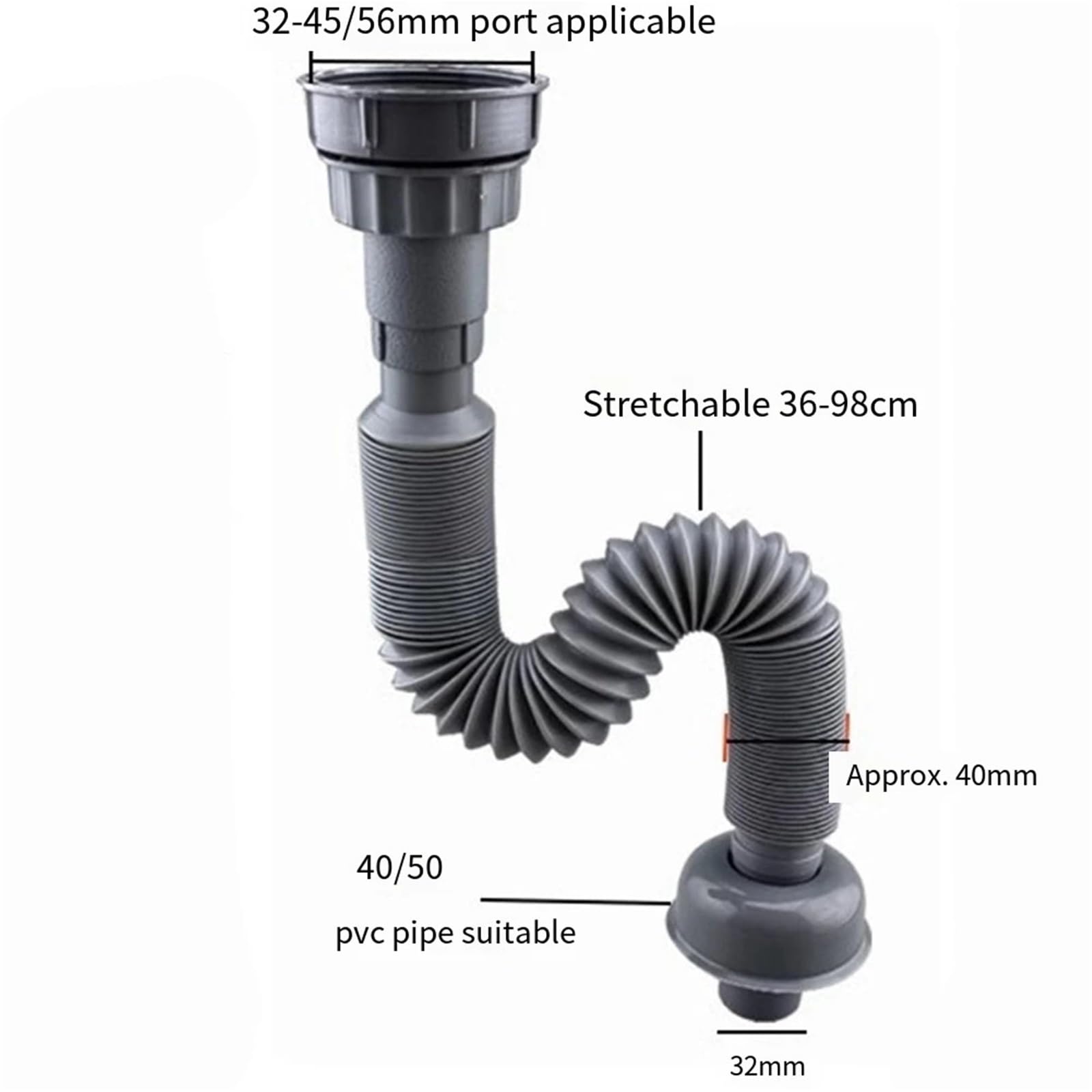 Tubo de desagüe for fregadero cocina, 1 unidad, con interfaz 32/45/56 mm, manguera conexión extensible, repuestos