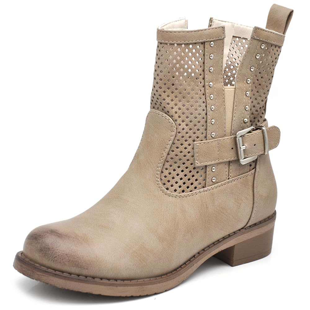 IF Botas de motorista para mujer, perforadas con hebillas para primavera, verano, piel sintética, efecto vaquero, GR-6656