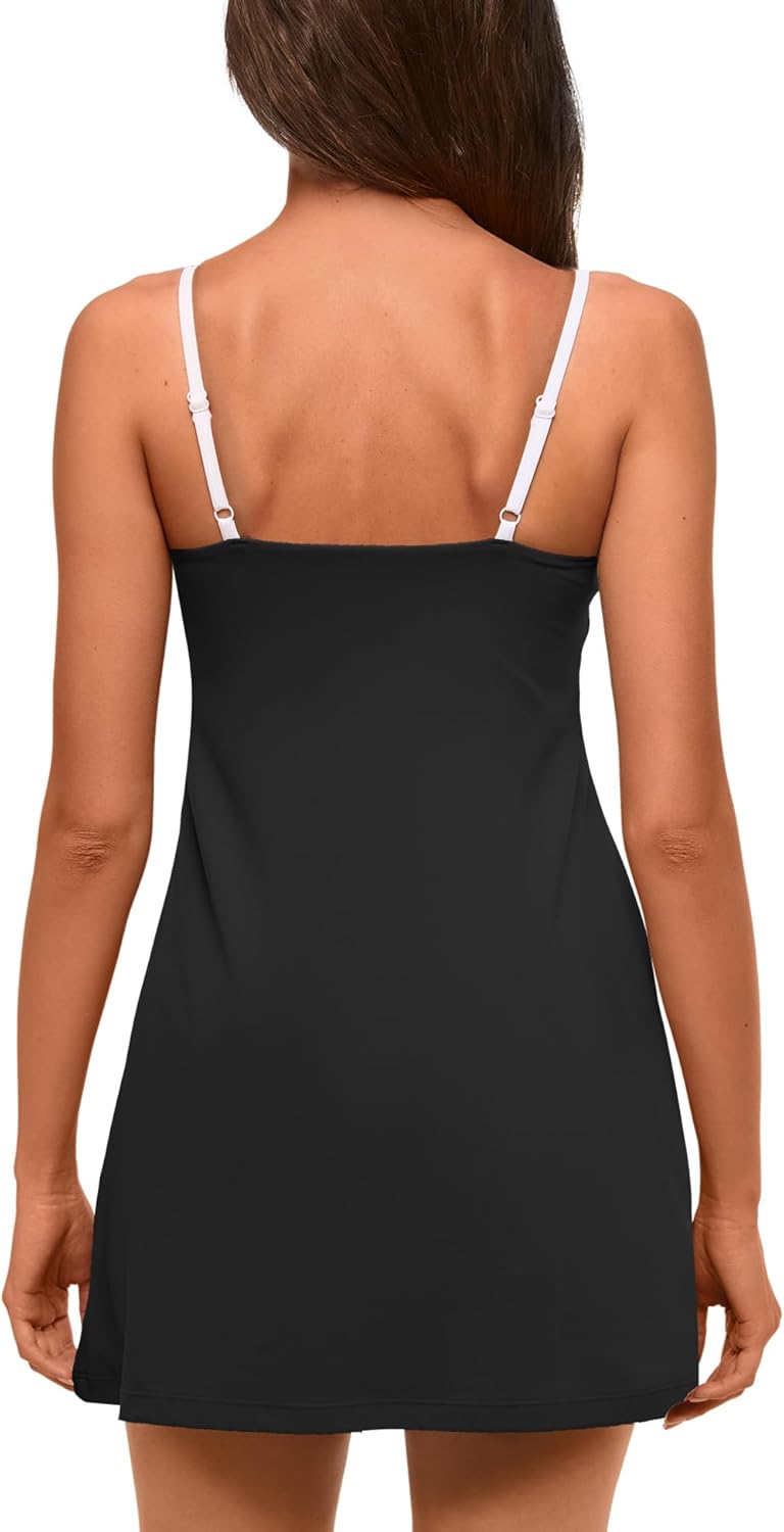 Yanekop Womens Tennis Dress with Built in Shorts Athletic Dresses Golf Outfits Spaghetti Strap V Neck Workout Dress - Image 4