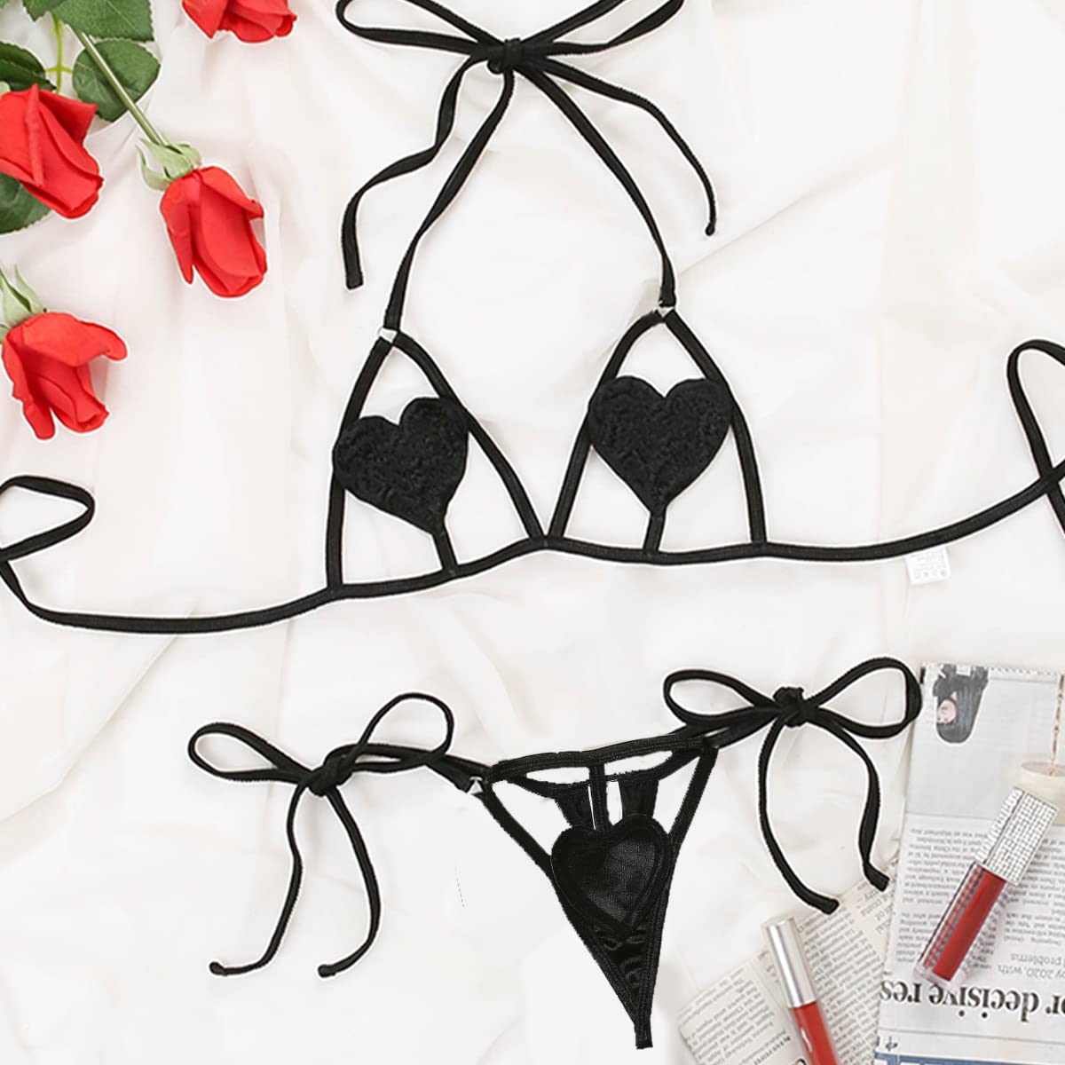 QHQQXN Lindo Conjunto de Sujetador y Bragas, Conjunto de lencería con Corte de corazón, Bragas con Tiras Ajustables, Tanga, Ropa Interior de Peluche, Ropa de Dormir, Camisones para el Club de San