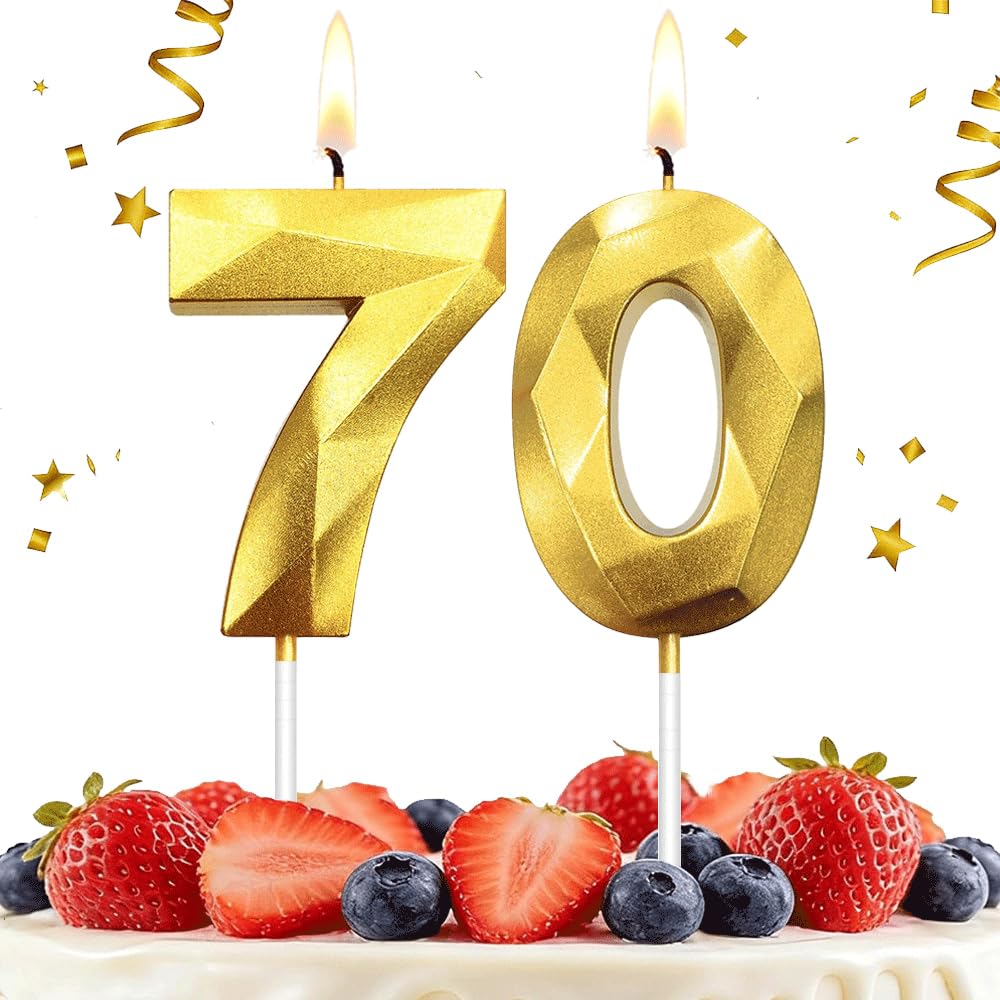 Hlwgfjdy Gold 70Th Birthday Candles Number 70 Cake Topper Happy Birthday Cake Decorations 3D Designed For 70Th Birthday Party, Candles For Birthday Anniversary Celebration Party Supplies