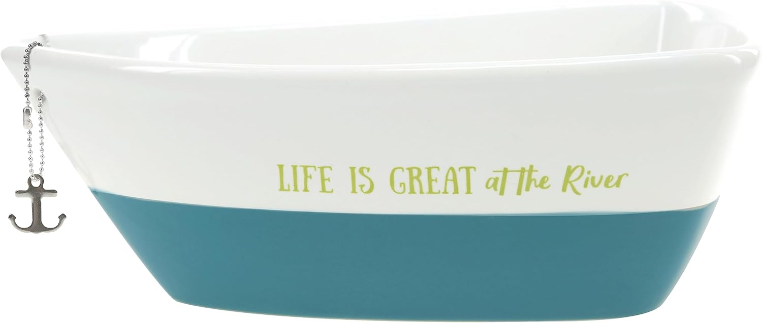 Life Is Great At The River - Boat Shaped Dip Serving Bowl With Bamboo Scoop And Removable Anchor Keychain