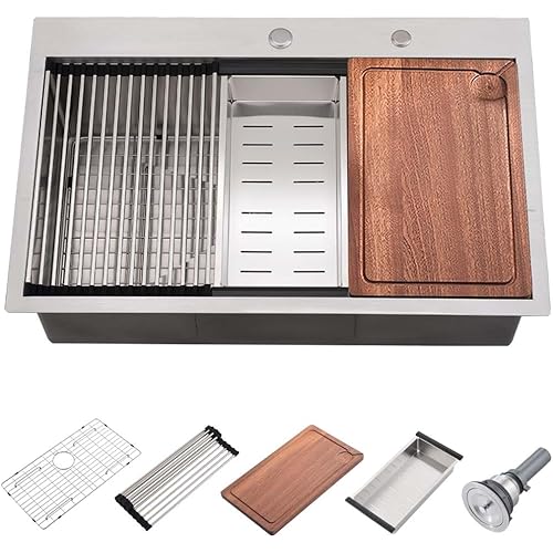 31 Inch Drop In Kitchen Sink Workstation- Wesliv 31x20 Stainless Steel Kitchen Sink Single Bowl Top Mount Workstation 16 Gauge Handmade Overmount Sinks with Cutting Board
