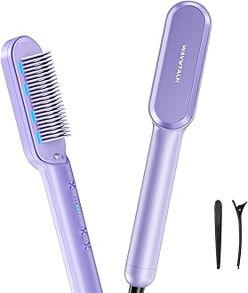 Wavytalk Hair Straightener Brush, Sleek Sweep Ionic Straightening Brush with 6 Temperature Adjust, Anti-Scald Ceramic Straightening Comb Fast Heating for Home Salon, Dual Voltage, Purple.