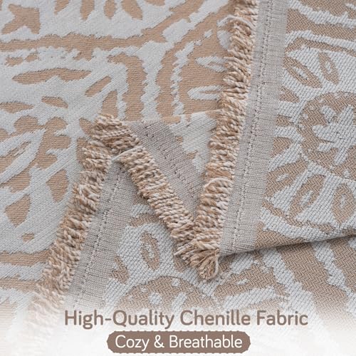 Image of HOKIPO Printed 320 GSM Chenille Sofa Cover Throw Blanket for 2 Seater Sofa - All Season, 'Serene Abode Series' Boho Floral Tile (180x250 cm) (AR-6632-D5)