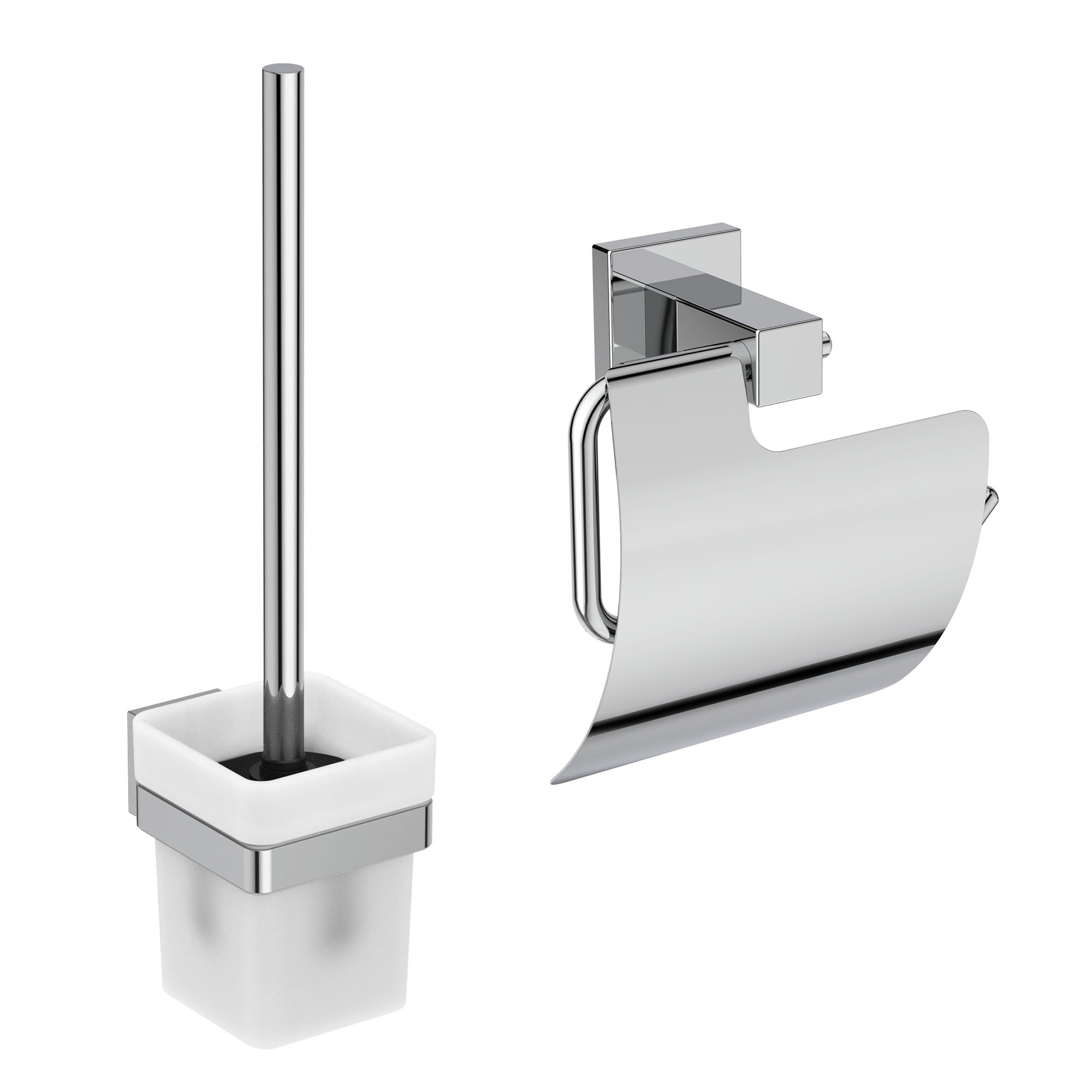 Ideal Standard – IOM Square Set de Accesorios, Compuesto por Portarrollos de Papel y Juego de cepillos, Cristal extraíble, Fijación Oculta y fácil Montaje, Soporte de Metal, Cromo