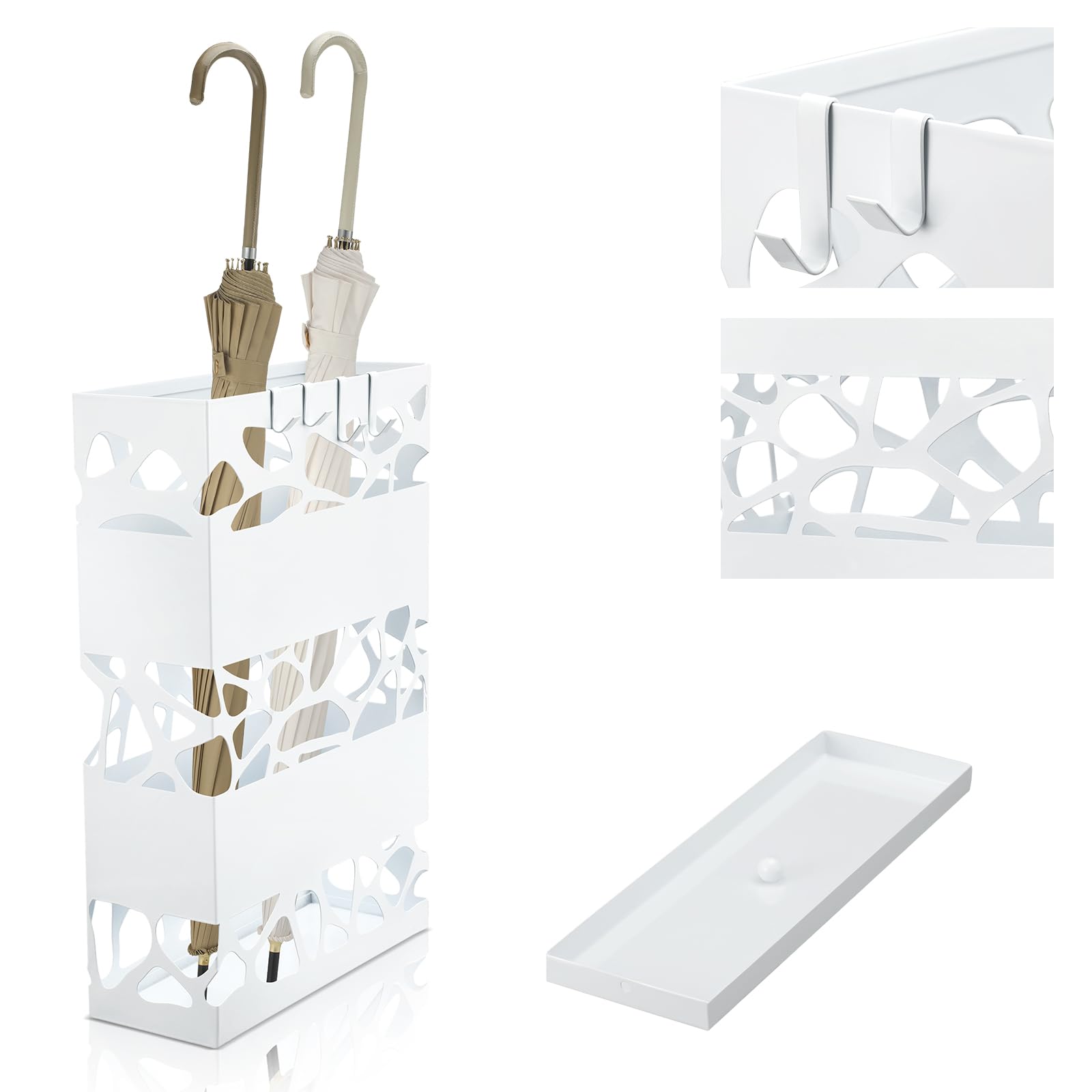 Zhehao Umbrella Stands for Entryway Metal Umbrella Holder 11.81 x 4.33 x 17.72 Inches Freestanding Rectangular Umbrella Rack Hollow Cane Stand with Removable Water Tray and 4 Hooks for Indoor Home