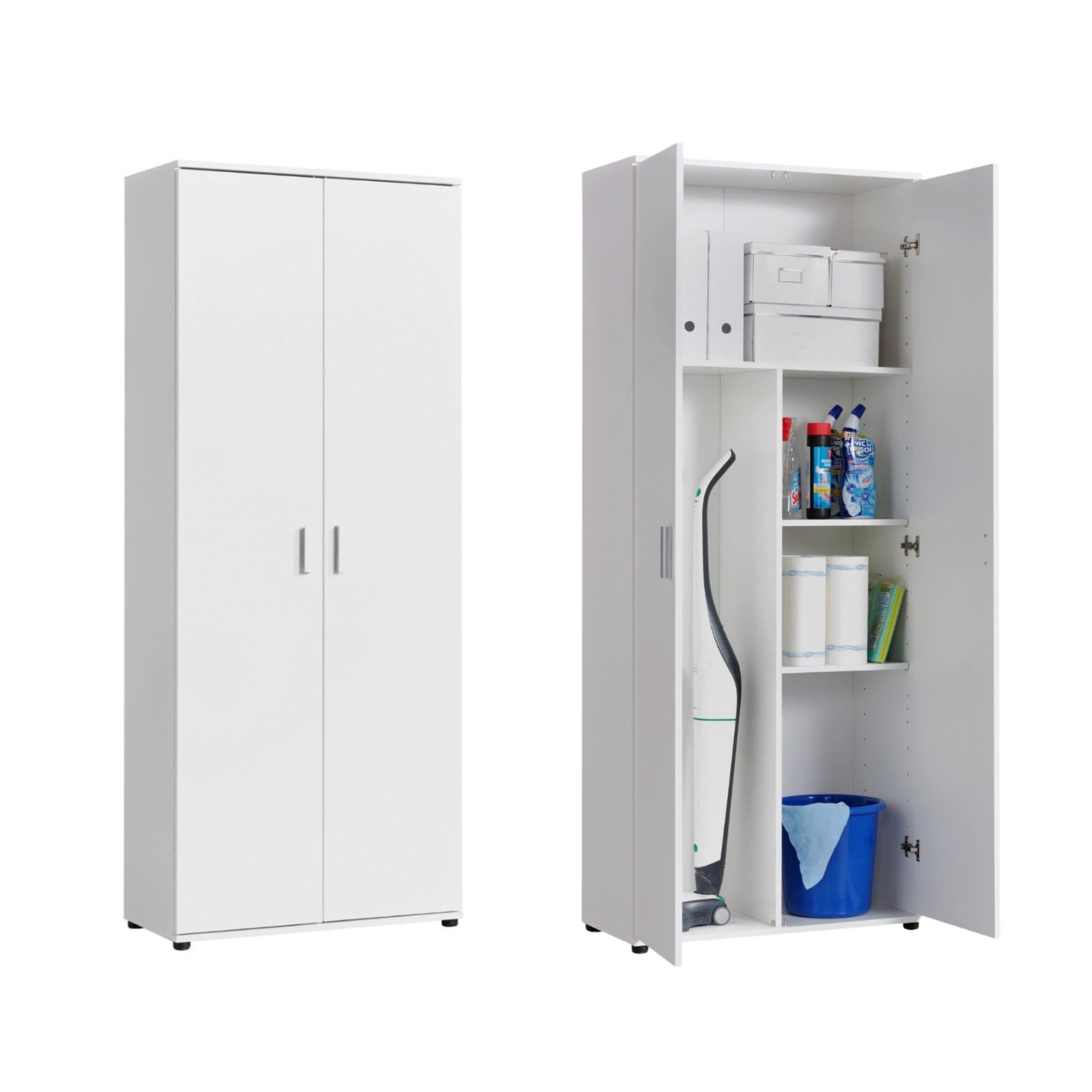 Home Collective Haushaltsschrank 75 cm breit mit Fach für Staubsauger, Putzschrank mit Einlegeböden für Reinigungsmittel, Besen & Wischer, für Hauswirtschaft, Flur & Keller, 75x35x184 cm (BxTxH), Weiß