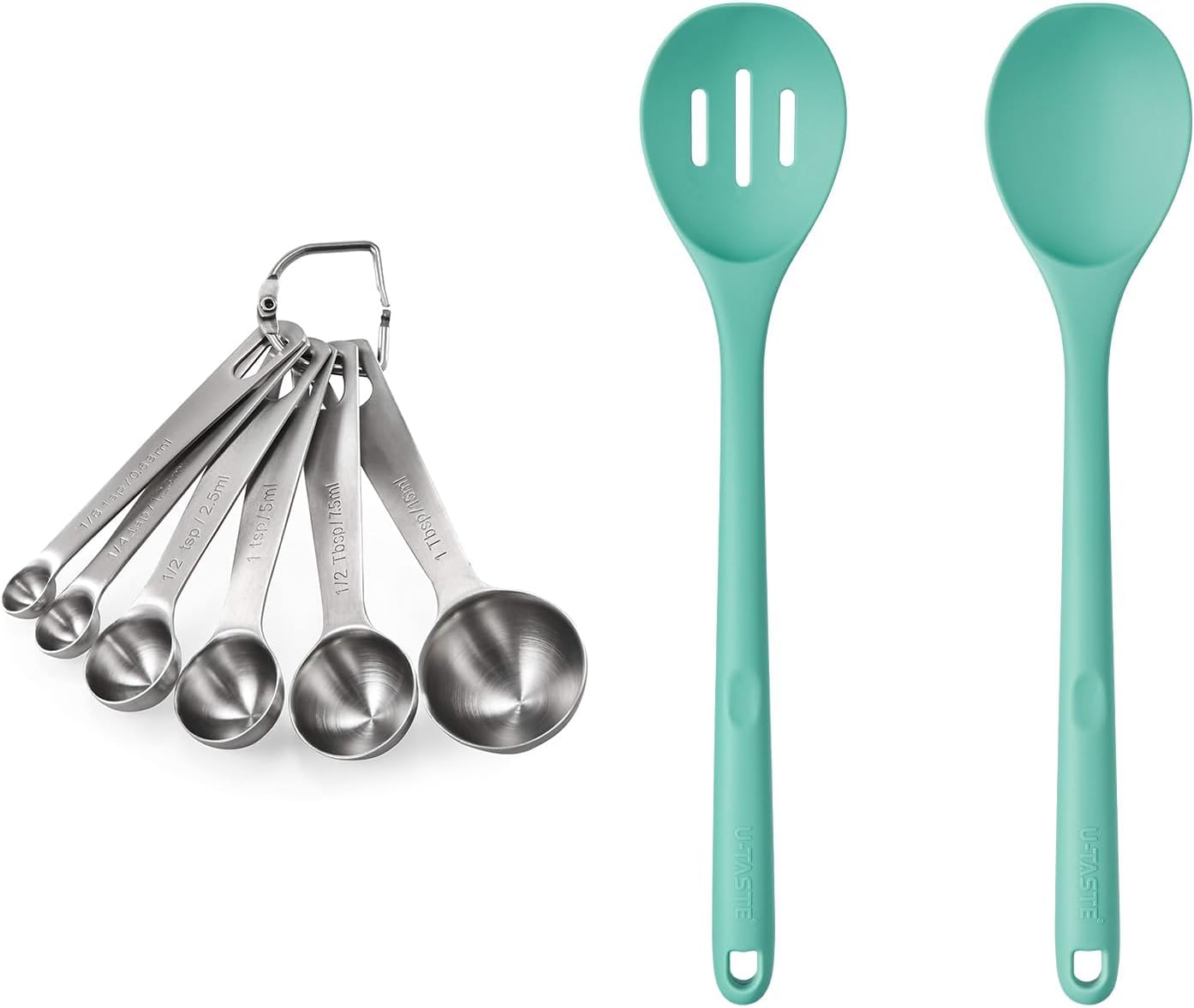 18/8 Stainless Steel Measuring Spoons Set for Dry and Liquid Ingredients (Set of 6), and 600ºF Heat Resistant Silicone Spoons, 13.3in Solid & Slotted Kitchen Mixing Tool (Aqua Sky)