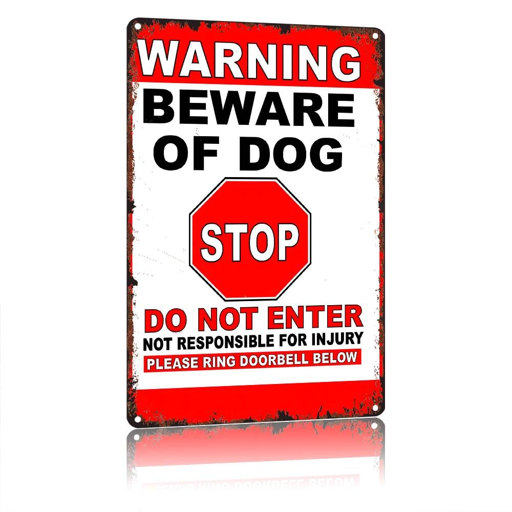 peiyeety WARNING BEWARE OF DOG STOP DOENTER Vintage Aluminum Metal Sign 12X8 Inch, Wall Decorative Tin Sign for Home Outdoor Yard Fence Gate Warning Decor