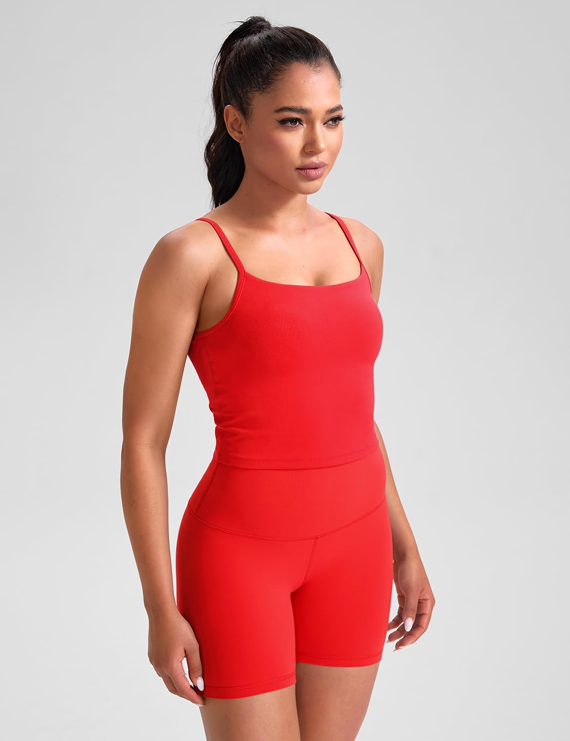 HeyNuts Cropped Cami Tank Top for Womens, Square Neck Spaghetti Strap Low Impact Yoga Longline Sports Bras Padded A-C Cups - Image 2