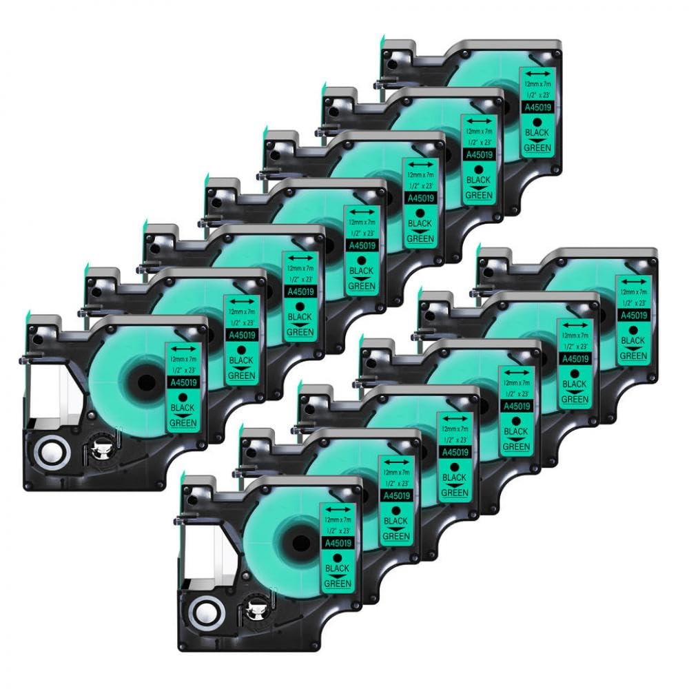 Cassettes d'étiquette Compatible avec Les Fabricants d'étiquettes 13pk 12 mm Noir sur Blanc remplacer Le Ruban D1(Black on Green)