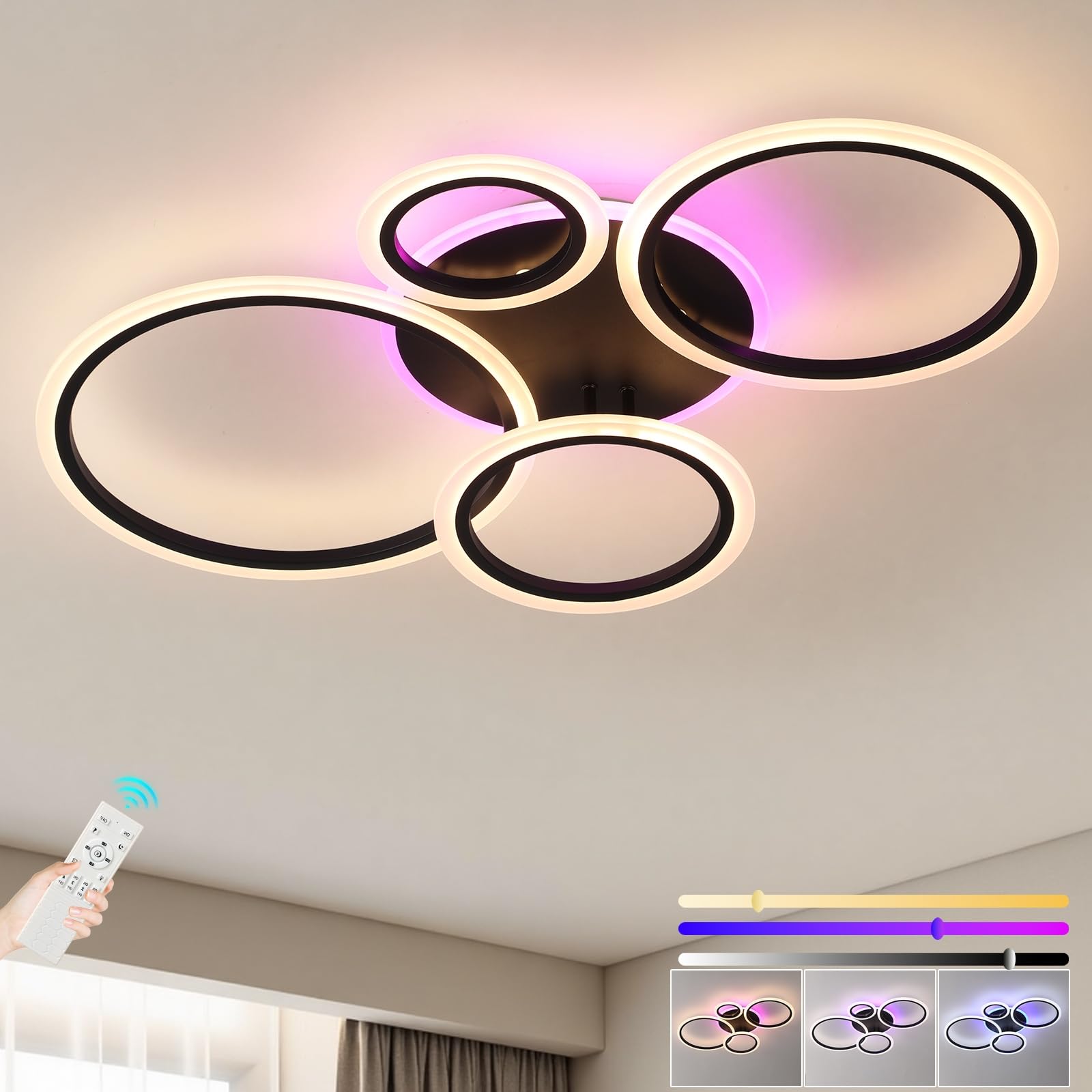 ZAITINZ Dimmable LED Ceiling Lights with Remote Control,50W Flush Mount Lighting Fixture with 4 Black Rings,Chandeliers Ceiling Light for Living Room Bedroom Lounge Dinning Room(3000-6000k) — image 1