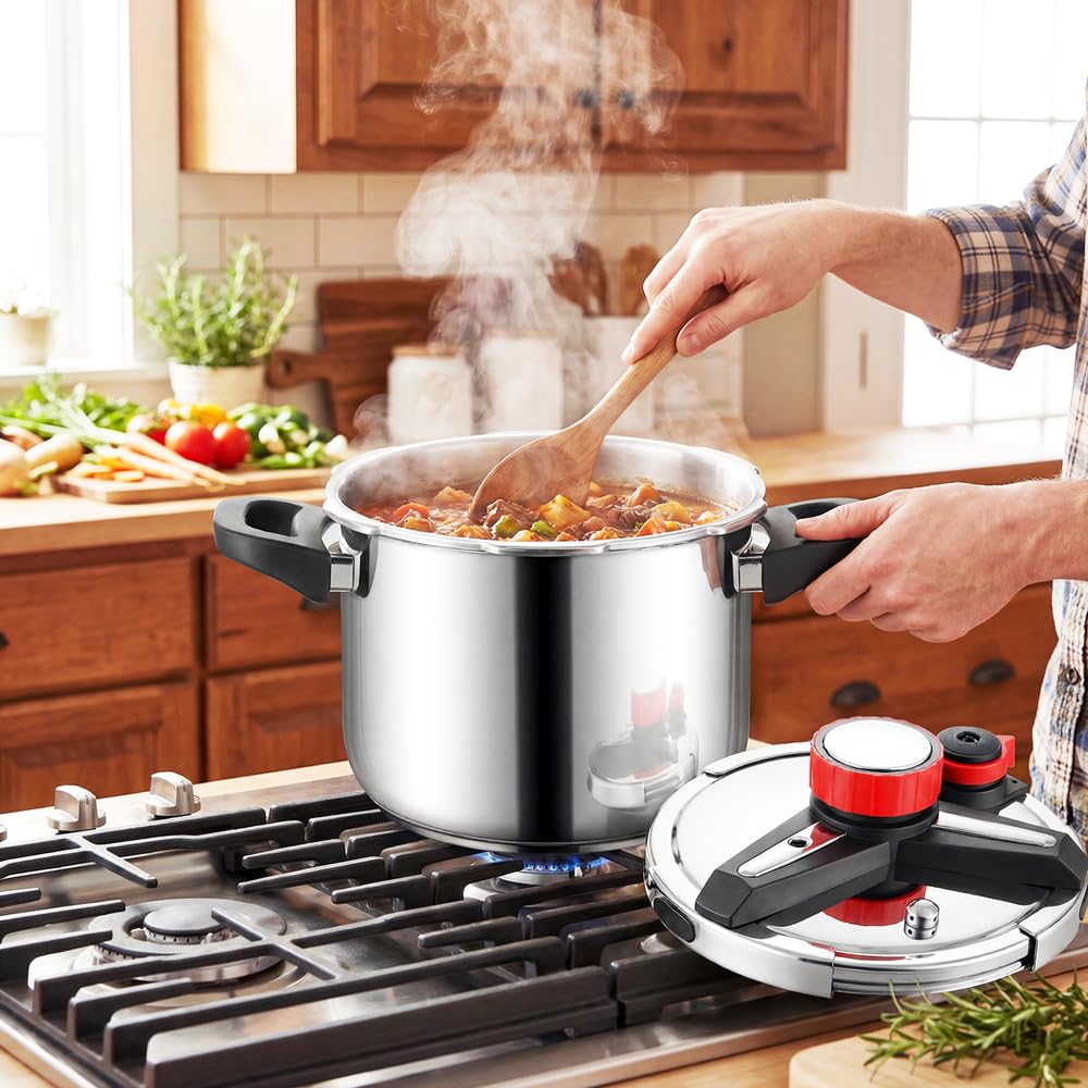 12 Liters Olla a Presión 4 en 1 de Acero Inoxidable 304,Antiexplosión,3 Niveles PSI,Tapa de Vidrio y Vaporera,tapa de olla Conserva con Bloqueo de Una Mano,Compatible con Inducción y Gas