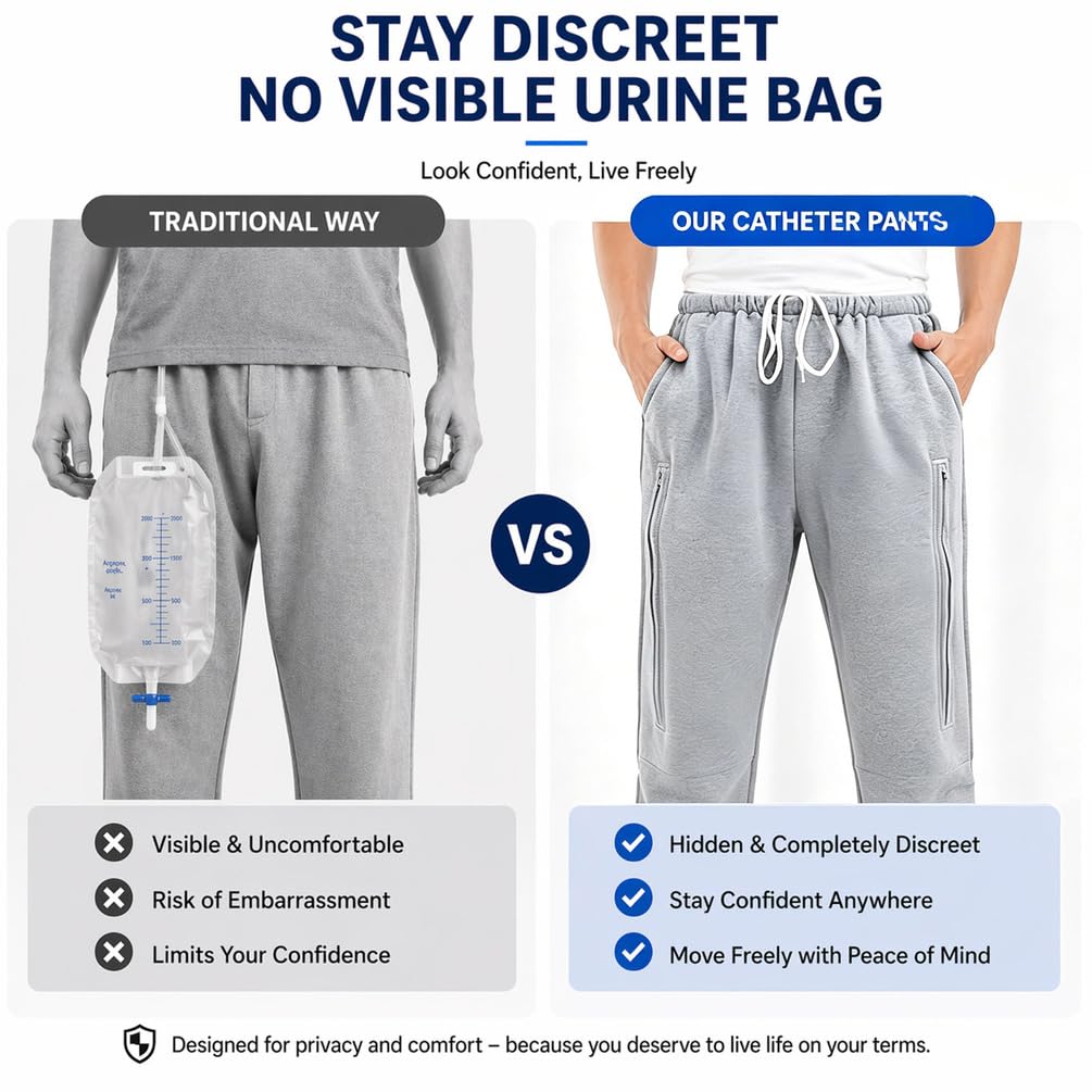 Pantaloni Porta-Sacca per Urina con 2 Tasche con Cerniera, Pantaloni Porta-Catetere per Incontinenza, Pantaloni Porta-Sacca per Urina, per Nefropatia, Nefrostomia