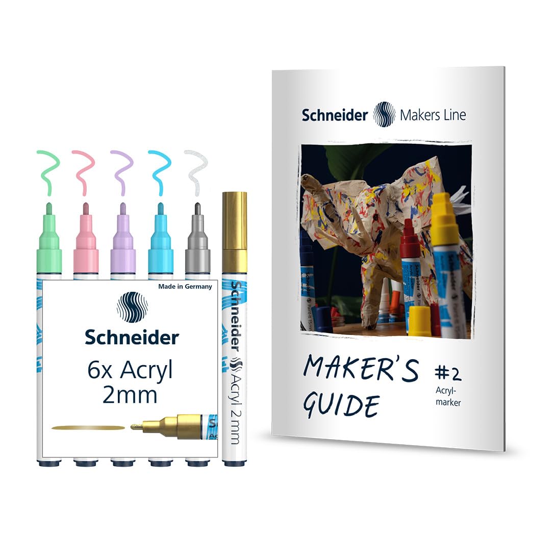 Schneider Paint-It - Juego De Rotuladores Acrílicos (3 Unidades, Punta Redonda De 2 Mm, Para Madera, Lienzo, Piedra, Etc.), 6 Unidades, Surtidos, 2 Mm De Ancho De Trazo
