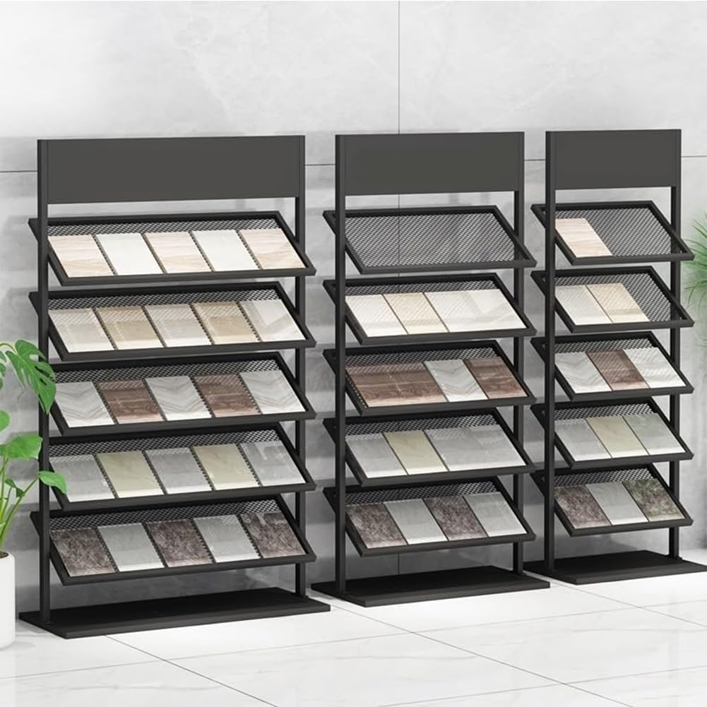 5-poziomowy metalowy stojak na płytki, idealny do sprzedaży detalicznej, o wysokości 107 cm. Rozwiązanie do przechowywania materiałów budowlanych, idealne na wystawy