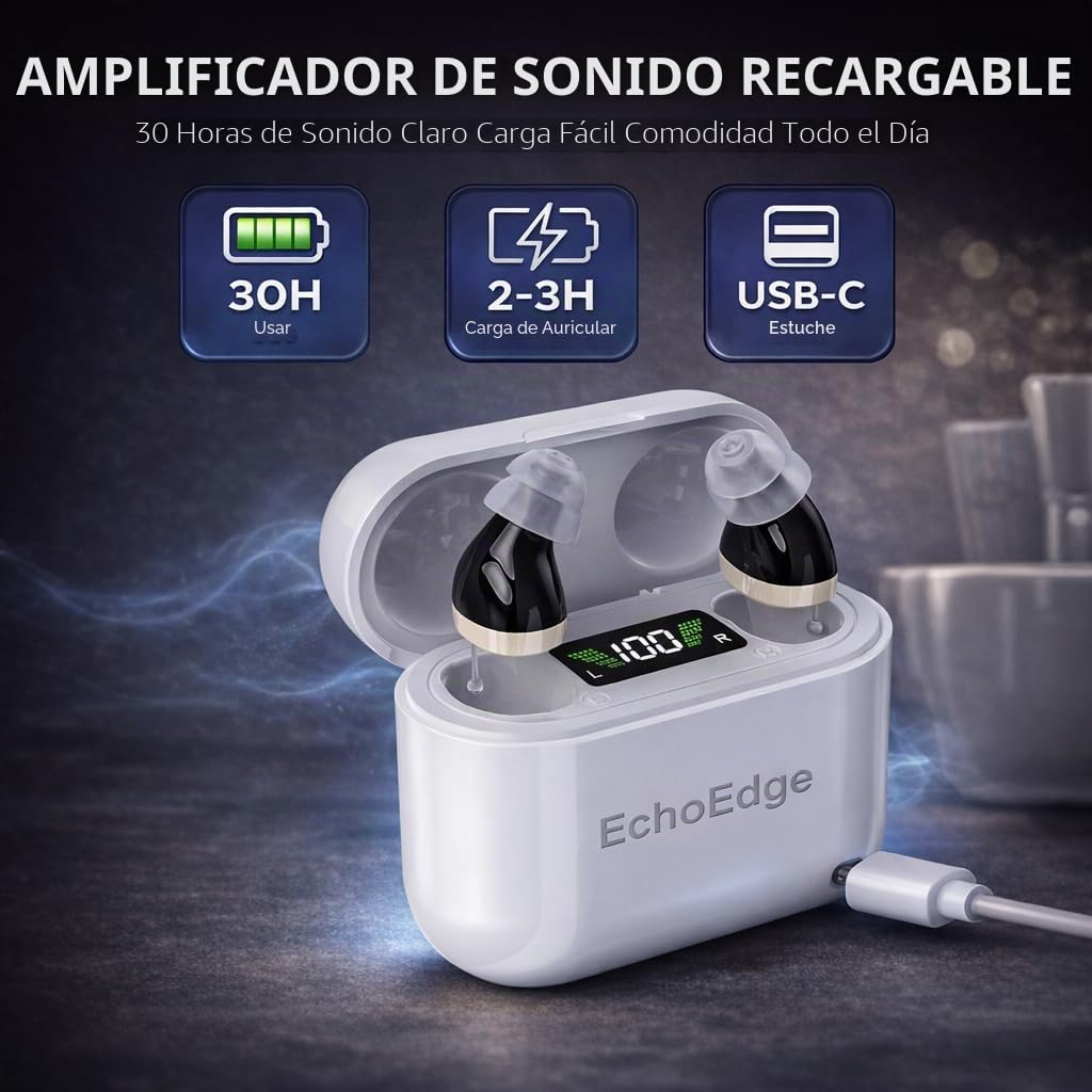 Audífonos recargables Echoedge: dispositivo de realce de voz, amplificador de audio personal con micrófono para mejor localización del sonido, asistencia para TV y conversación (2 piezas) (Negro)
