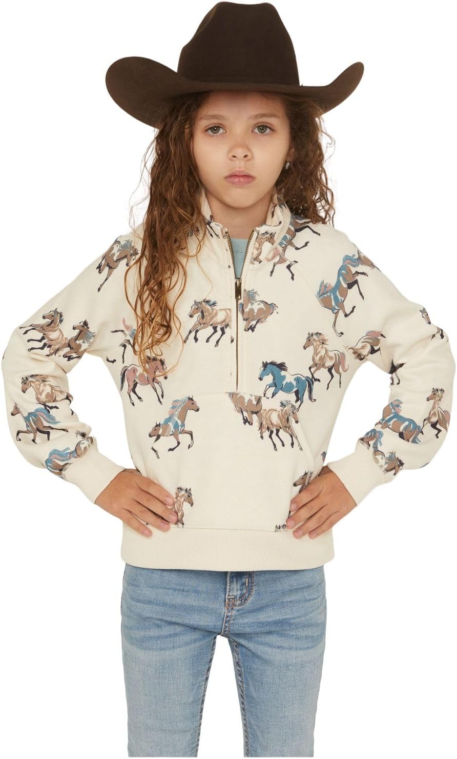 Shyanne Girls' Horse Print Half Zip Pullover - SGFA25K89-CRM Medium US Cream