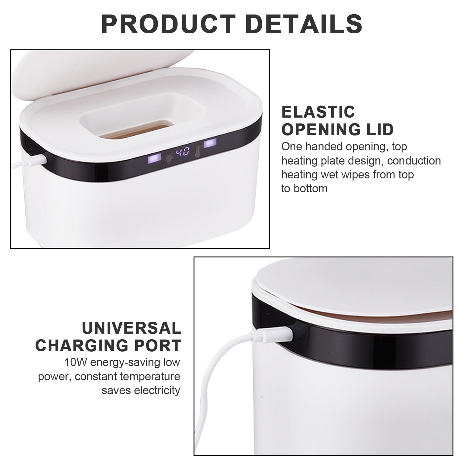 Chauffe-lingettes humides pour bébé - 3 niveaux de chauffage et température constante - 10 W - USB - Avec veilleuse LED - Chauffage rapide 8 à 10 minutes - Grande capacité - Pour la maison et les