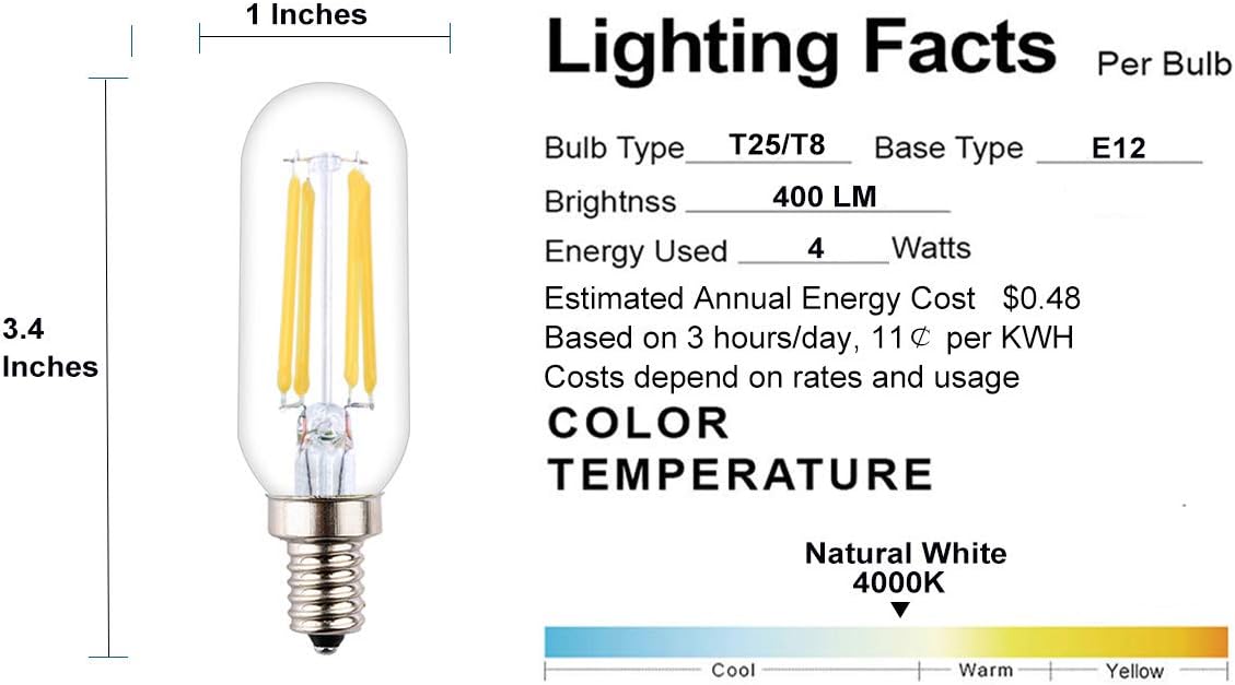 T8(T25) Small Size Tube Shape LED Bulb, 4W Dimmable, 400Lm 40W Incandescent Equivalent, 4000K Natural White Daylight, E12 Small Candelabra Base, Clear Glass Tubular Tip, Pack of 5
