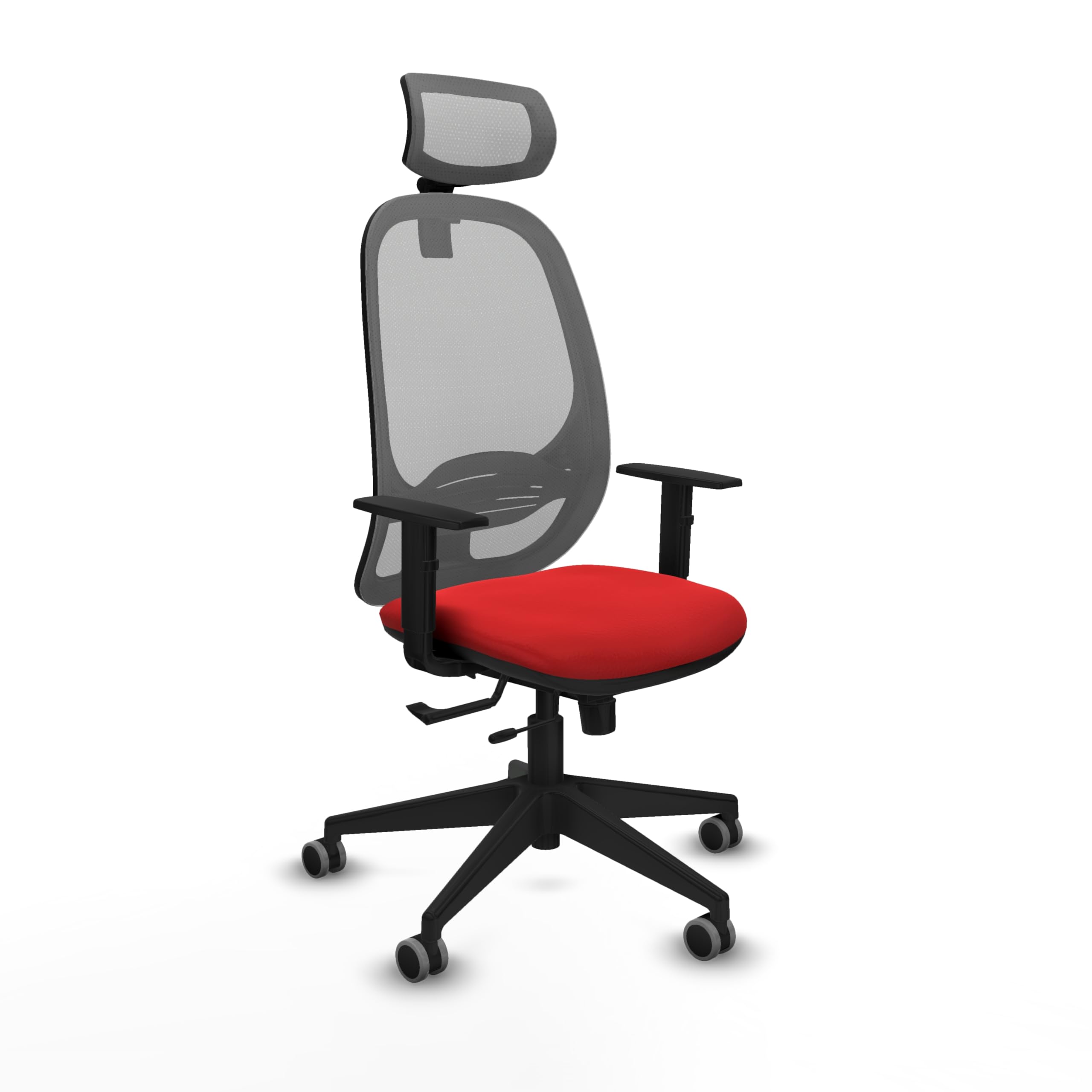 Chaise de bureau rouge avec accoudoirs 1D appui-tête inclinable et mécanisme Translack gris