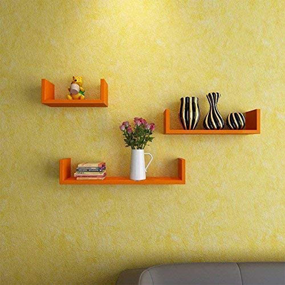 DECORVAIZ U Shape Dazzling Decorative Hanging Floating Wall Mounted Display Shelves for Bedroom & Living Room & Office - Set of 3 ( Orange )