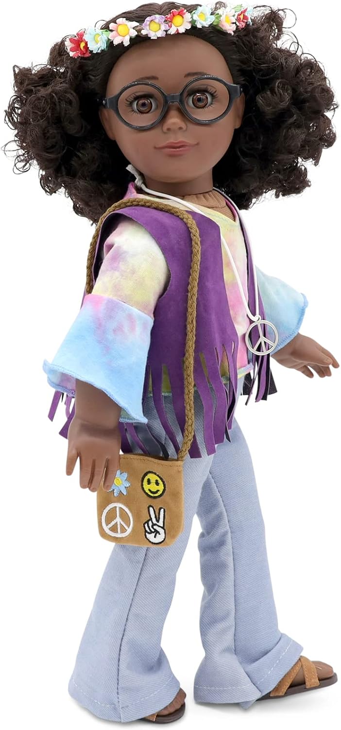 Playtime by Eimmie 18 Inch Doll Clothes and Accessories - Retro Flower Outfit with Tie-Dye Shirt, Fringe Vest, Jeans, Sandals & Flower Crowns - Fits American, Generation & Similar 18” Dolls for Girls