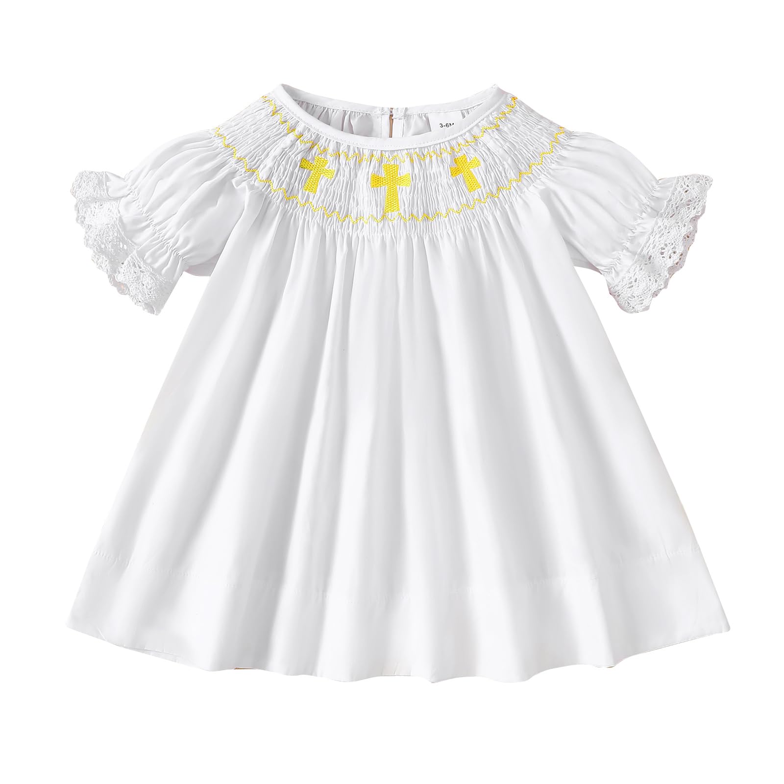 KMBANGI Newborn Infant Baby Girl Easter Dress Puff Lace Short Sleeve Smocked Crosses Dress Baptism Outfit Princess 0-18M (White, 0-3 Months)