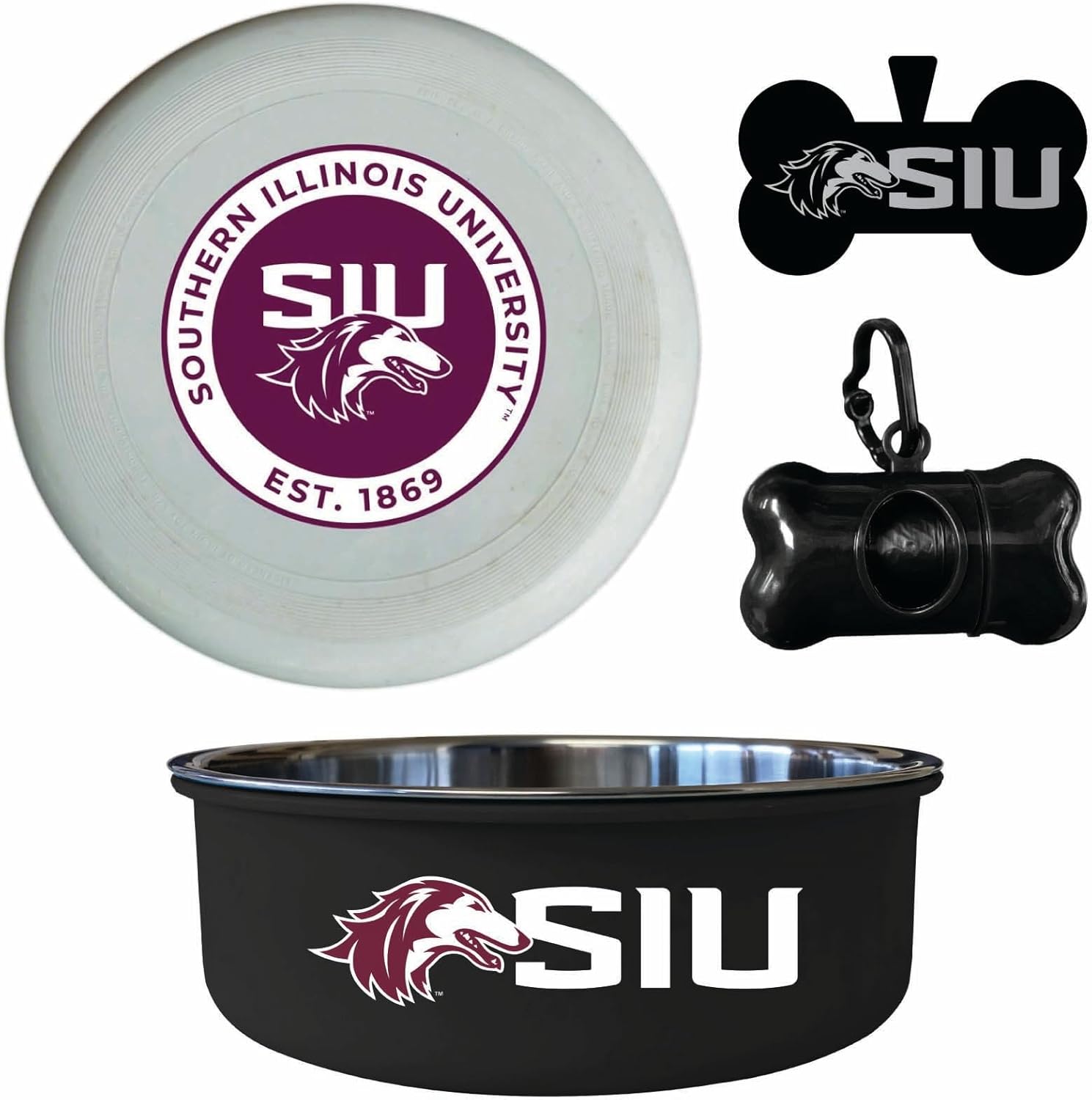Southern Illinois Salukis Officially Licensed College Pet Pack – Dog Tag, Bowl, Flying Disc & Waste Bag