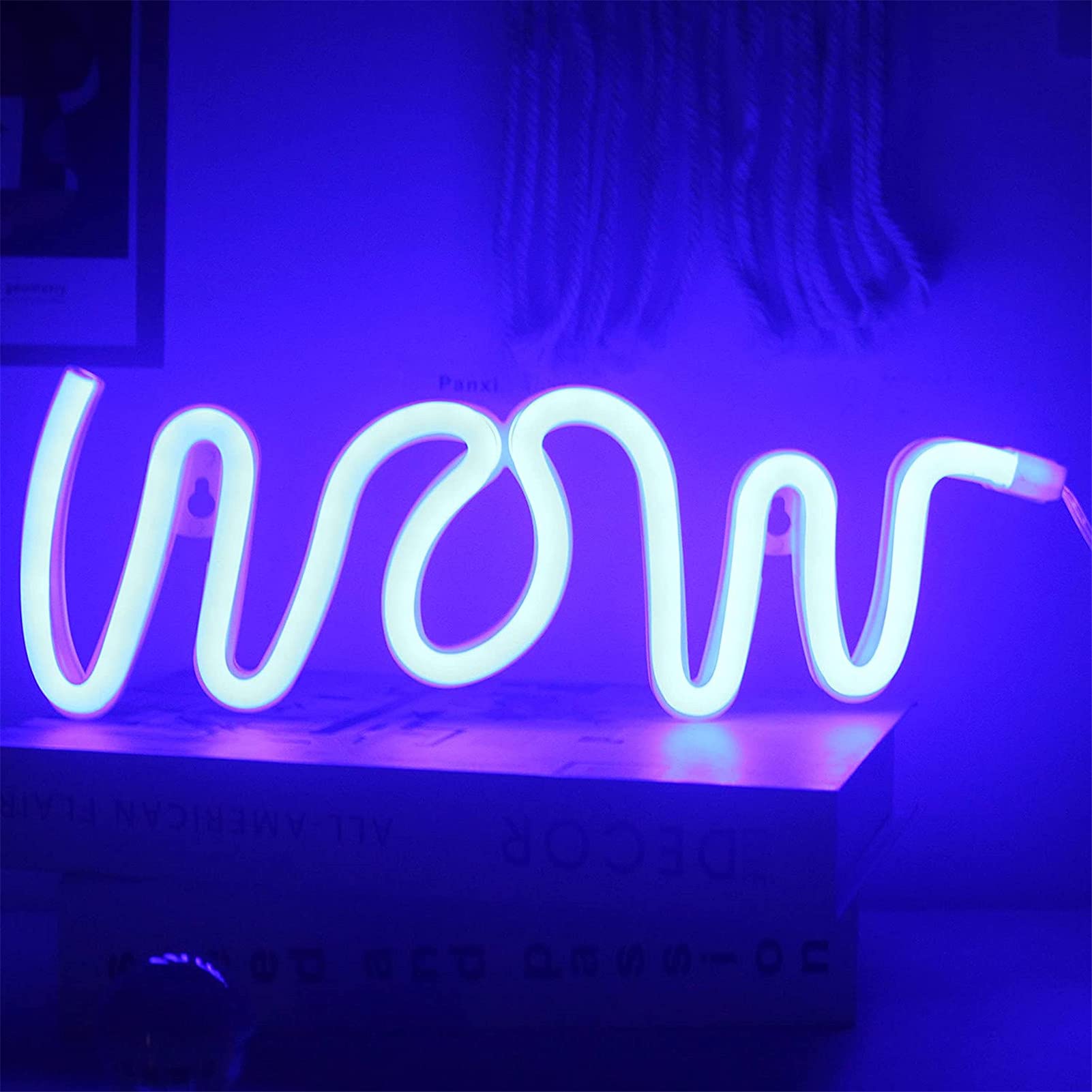 DUBENS Wow LED Neon Light Sign, Wall Decor USB/Battery Hanging Neon Light Night Light for Bedroom Wall Decor, Children's Room, Restaurant, Party, Bar, Birthday Gift (Blue)