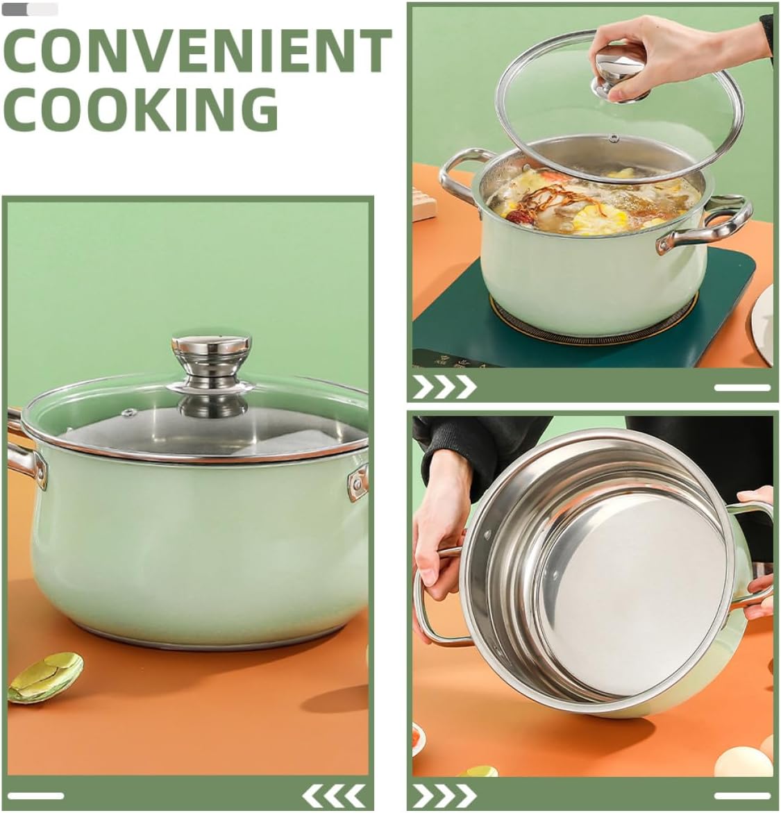 Stainless Steel Soup Pot with Lid 24cm Double Handles Thickened Stockpot for Home Cooking Compatible with Induction and Gas Stoves Sturdy Kitchen Cooking Pot