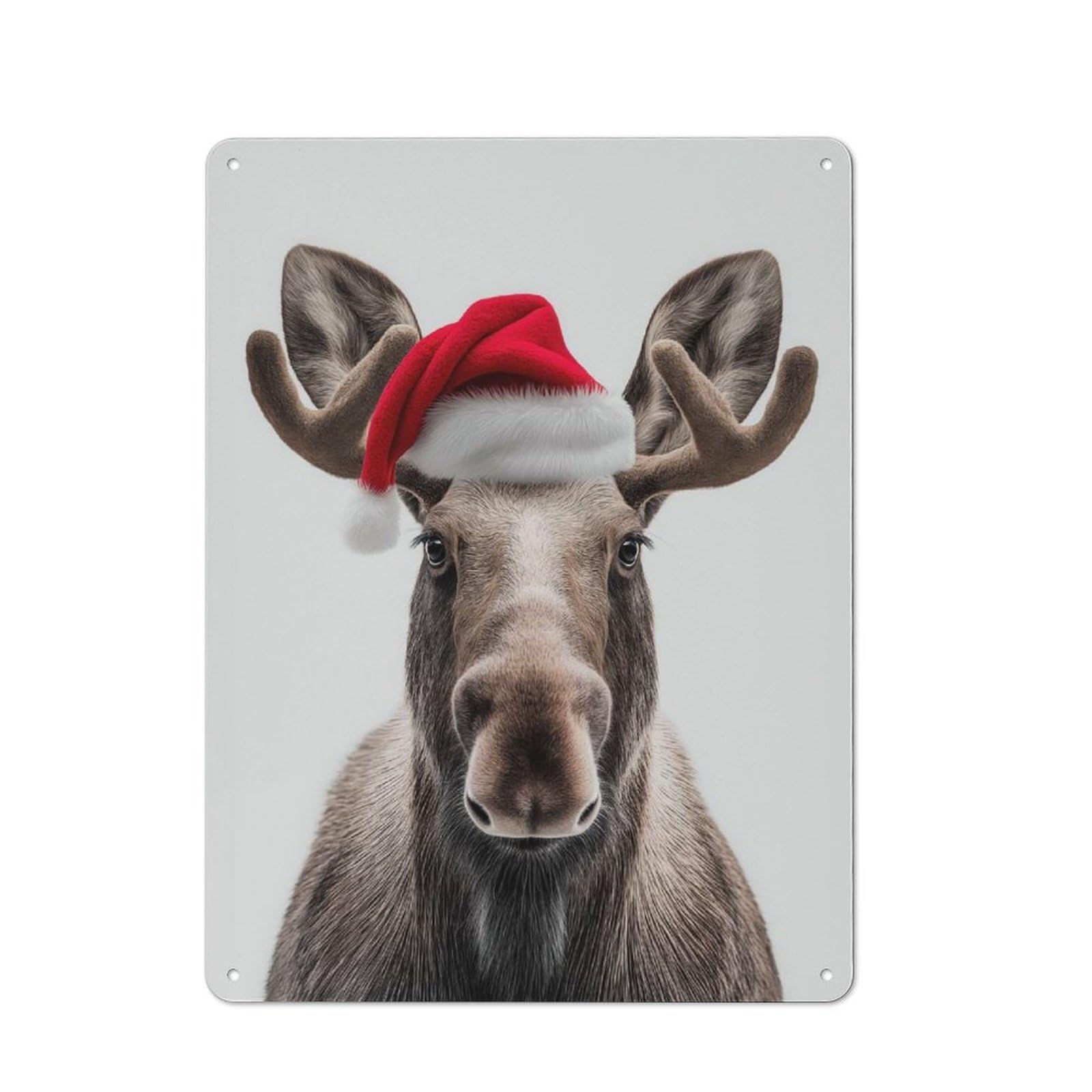 Junmoney Christmas Moose With Santa Hat Portrait Rustic Metal Plaque 40X30cm For Lounge Or Reading Corner, For Home Office, Studio And Craft Room Walls