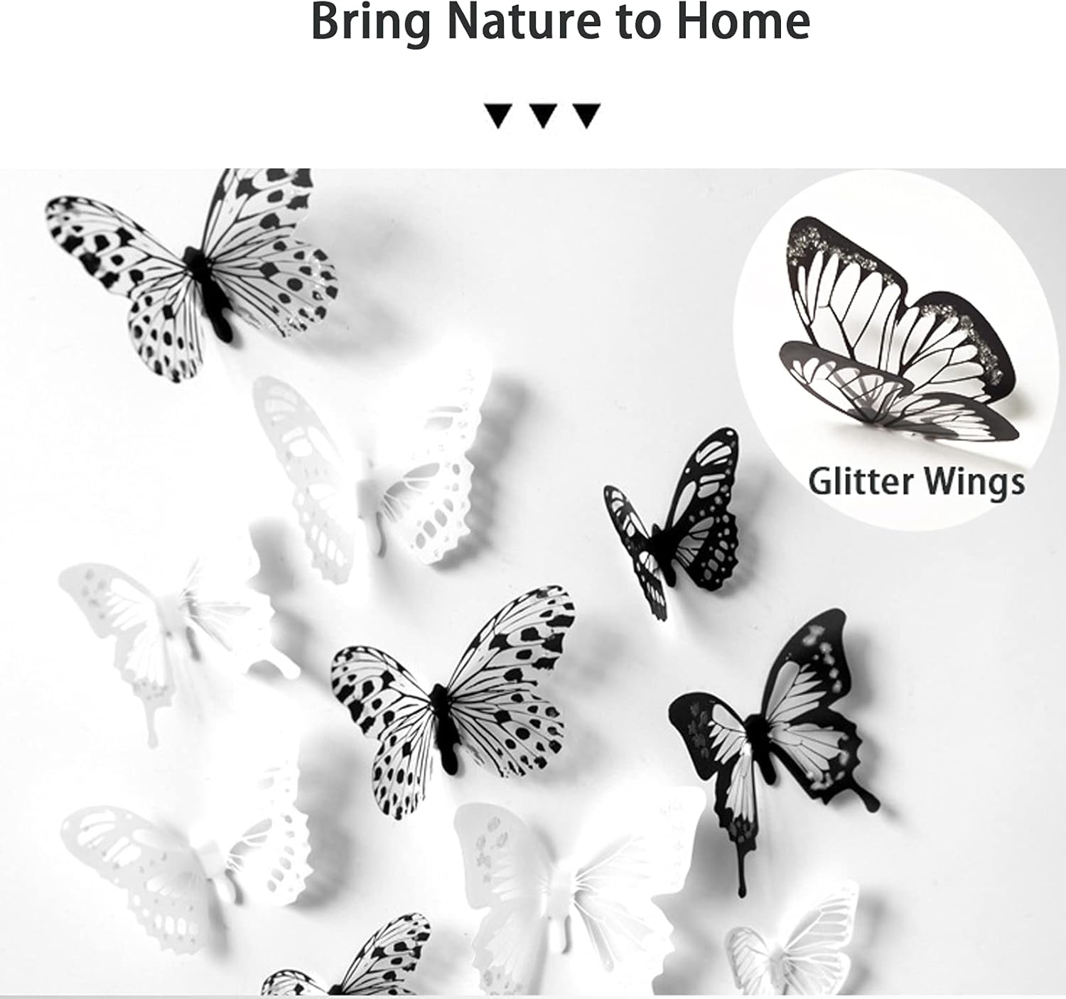 HZMM 72 Pcs 3D Butterfly Wall Stickers, Waterproof PVC, Black & White, Removable Paper Decals with Sticky Dots for Window, Furniture, Wedding, Baby Kids Bedroom Christmas DIY Decor