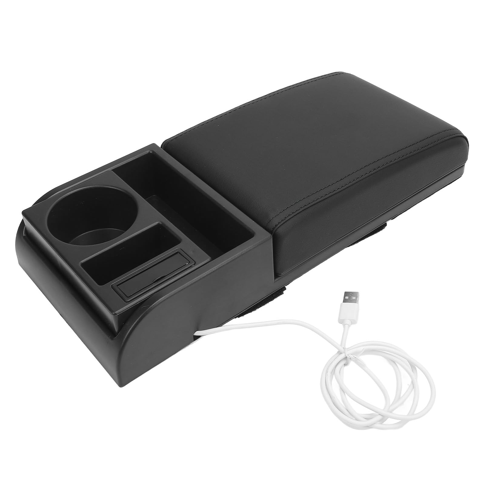 Copri Bracciolo Console Centrale con Porta di Ricarica USB, Portabicchieri, Lunghezza Regolabile, Morbida Pelle PU, Imbottitura in Memory Foam per Auto SUV Camion Furgone (Nera)