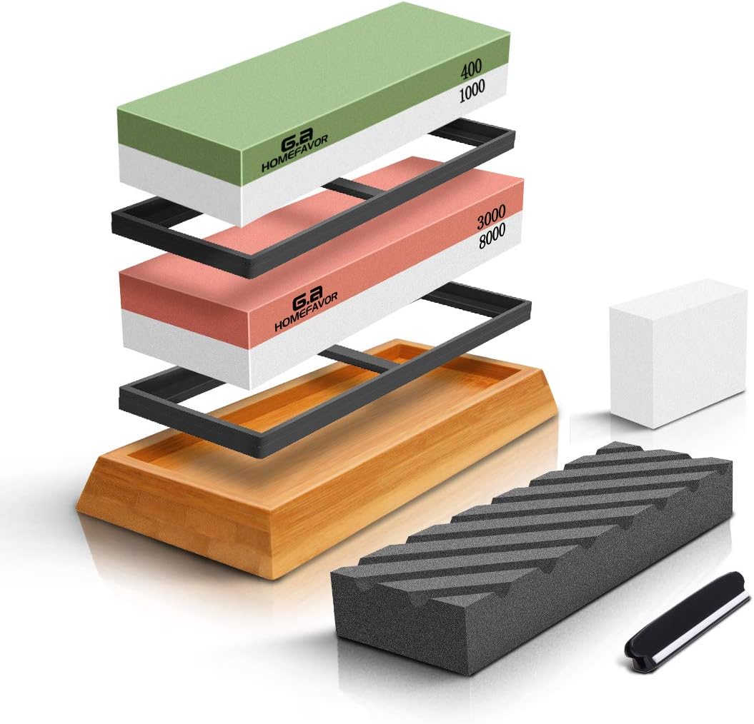 Knife Sharpening Stone Set – 400/1000 and 3000/8000-Grit Professional, G.a HOMEFAVOR Safe Knife Sharpener Set, Whetstone Set, NonSlip Bamboo Base, Flattening Stone, Angle Guide & Nonslip Rubber Bases : Tools & Home Improvement