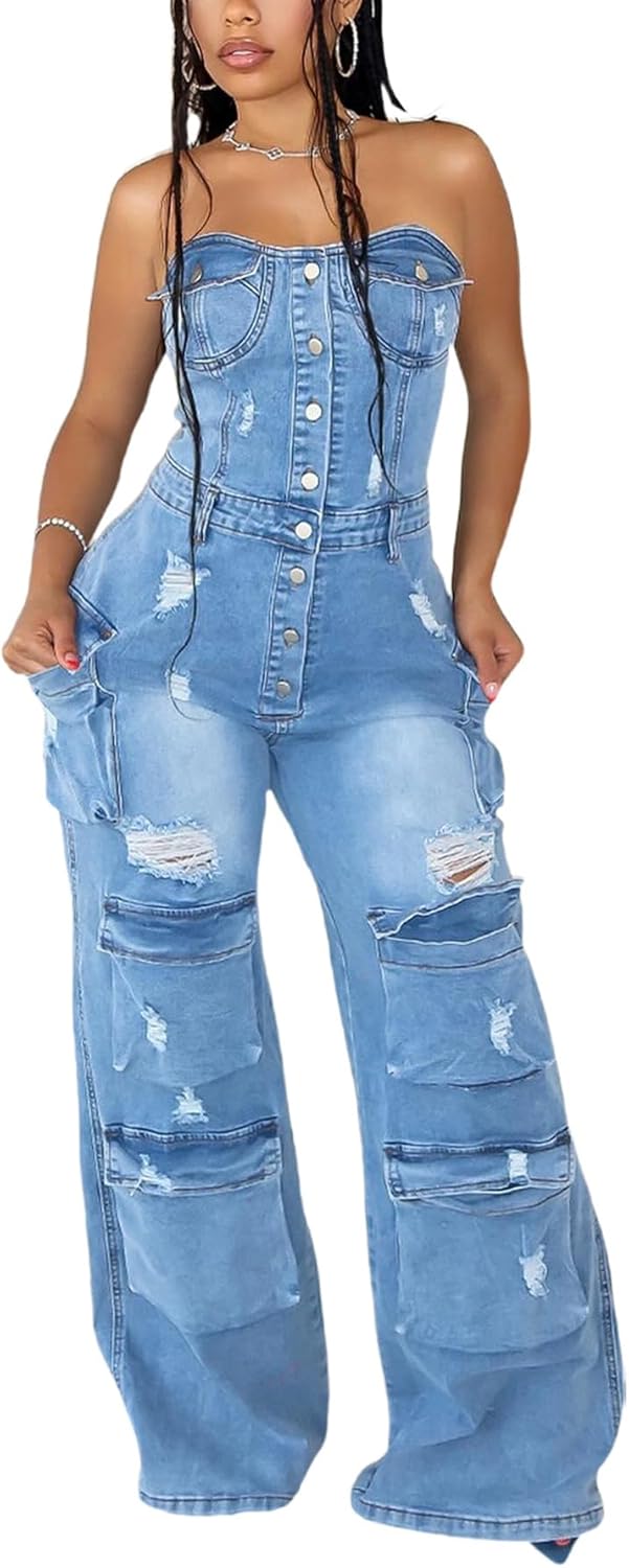 Tbahhir Women's Sexy Off Shoulder Tube Denim Cargo Jumpsuits Wide Leg Baggy Loose Jean Pants Rompers Overalls
