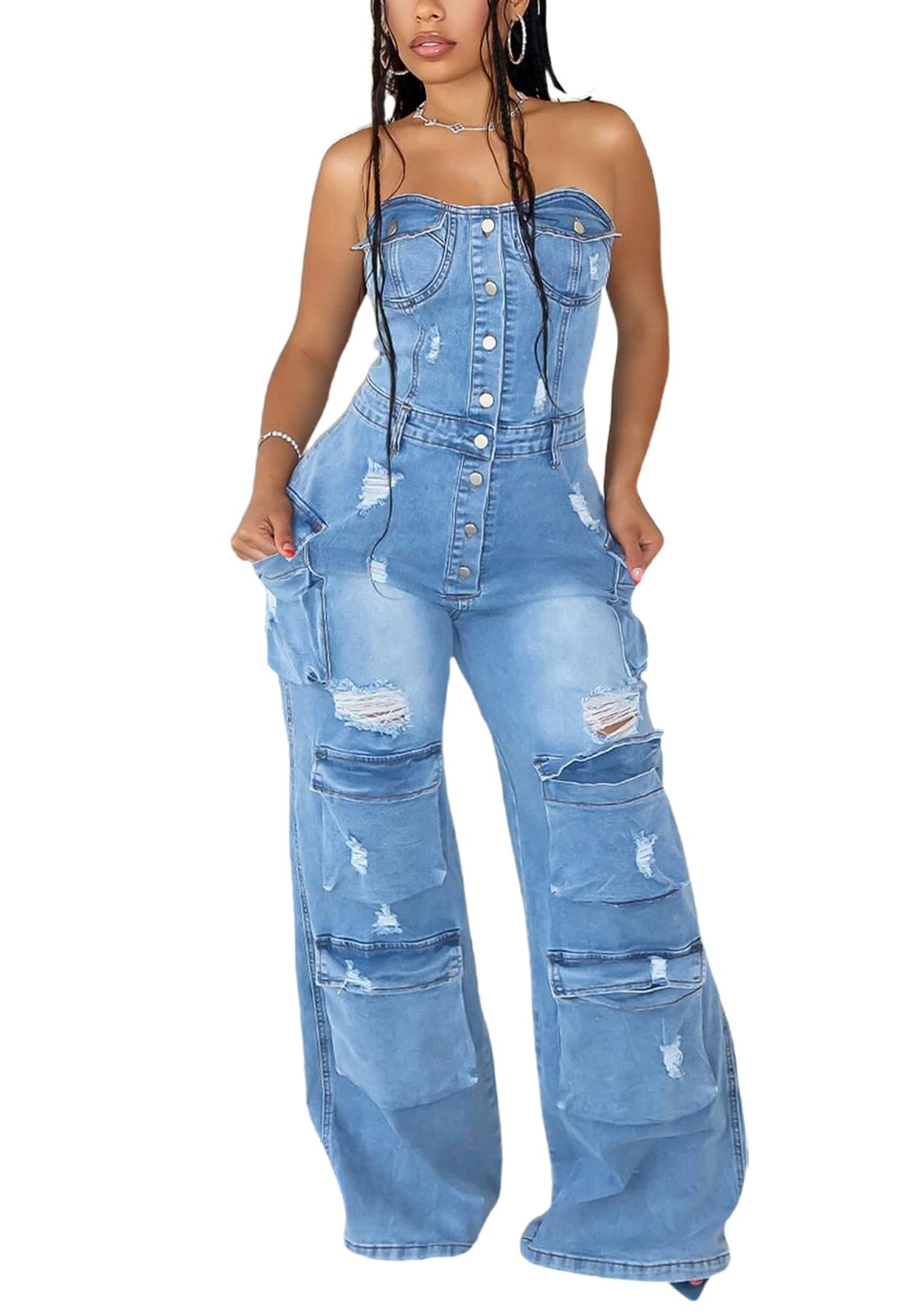 Photo 1 of Tbahhir Women's Wide Leg Denim Jumpsuit