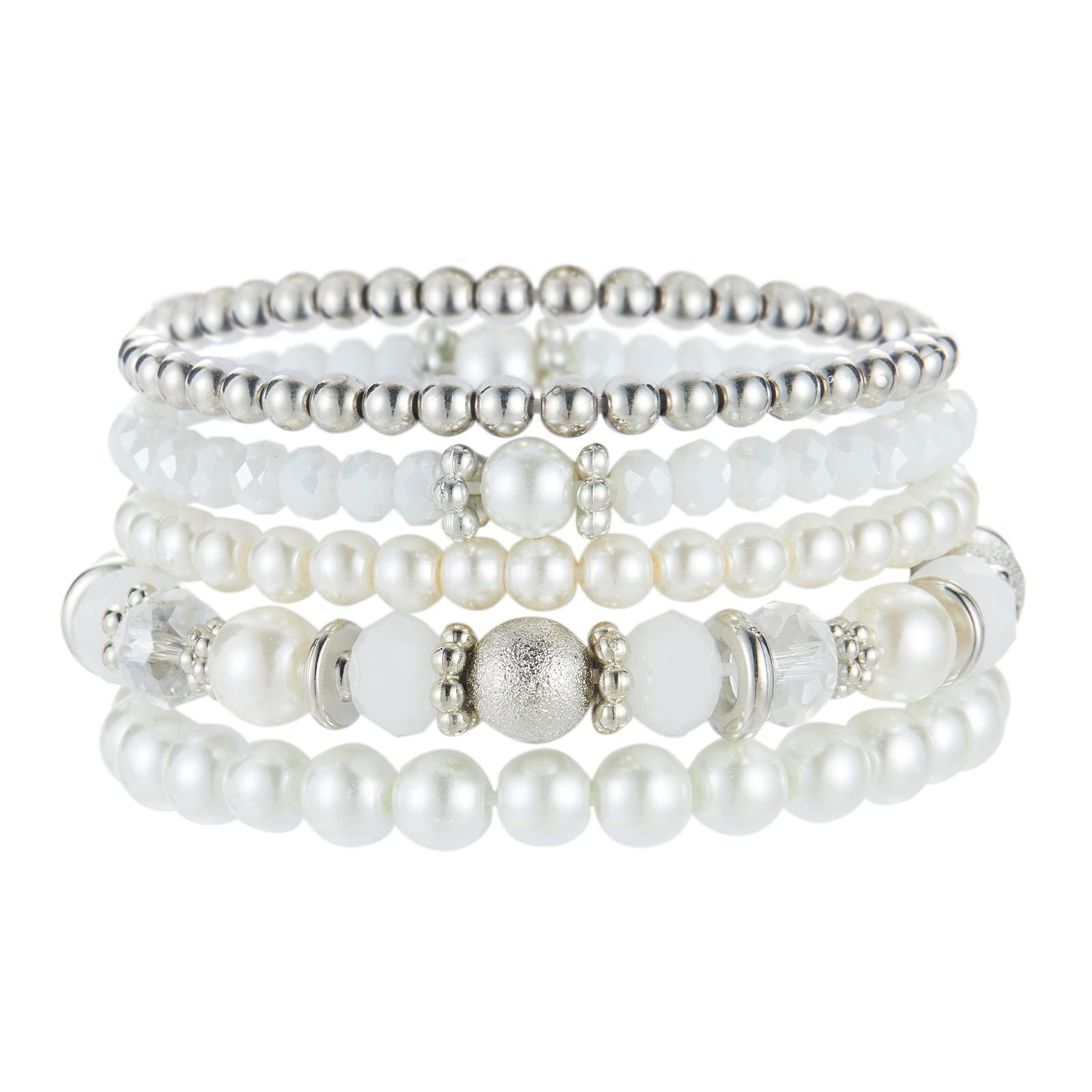 Noessla Beaded Pearl Stretch Bracelet Silver Stackable Crystal Beads Bracelets Trendy Costume Jewelry Mothers Day Gifts for Women