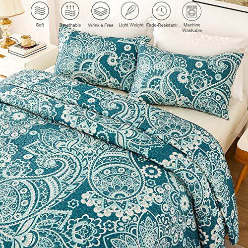 Whale Flotilla Reversible Paisley Quilts King Size, Lightweight Boho Printed Bedspreads Coverlets Quilt Bedding Set with 2 Pillow Shams for All Seasons, Turquoise