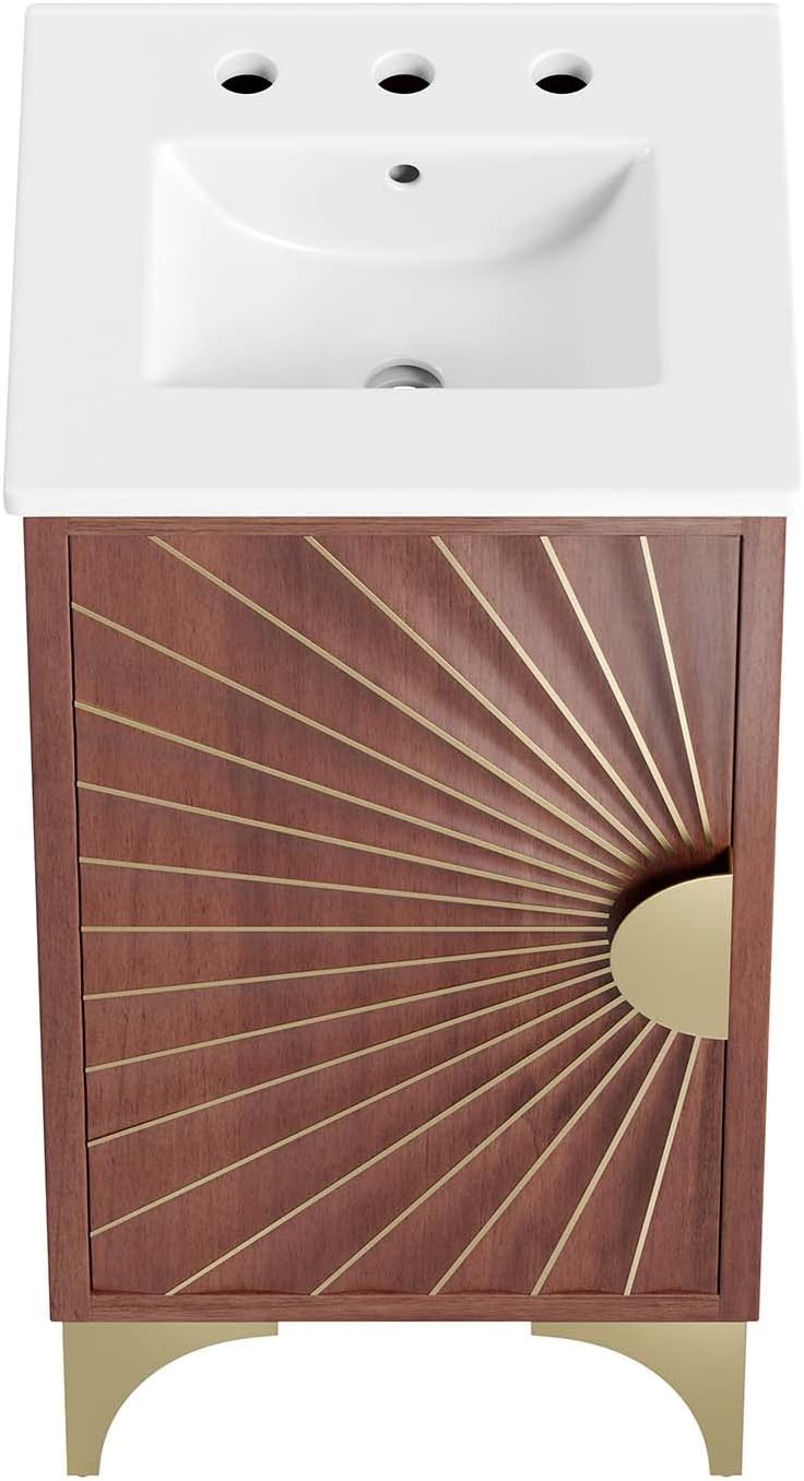 Modway Daylight Bathroom Vanity Cabinet with Ceramic Sink Basin, 18 Inch, White Walnut