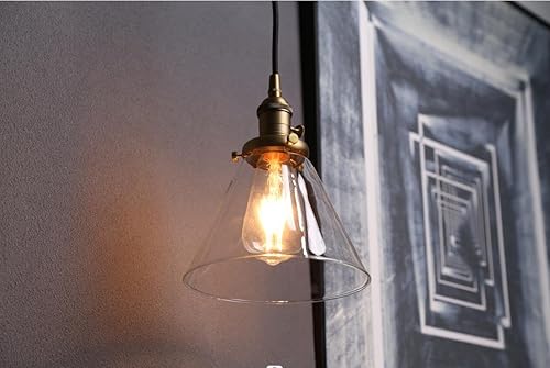 Miniatura 4 de PERMO Luces colgantes de cristal de granja con embudo de vidrio acampanado pantalla de vidrio transparente industrial vintage colgante negro