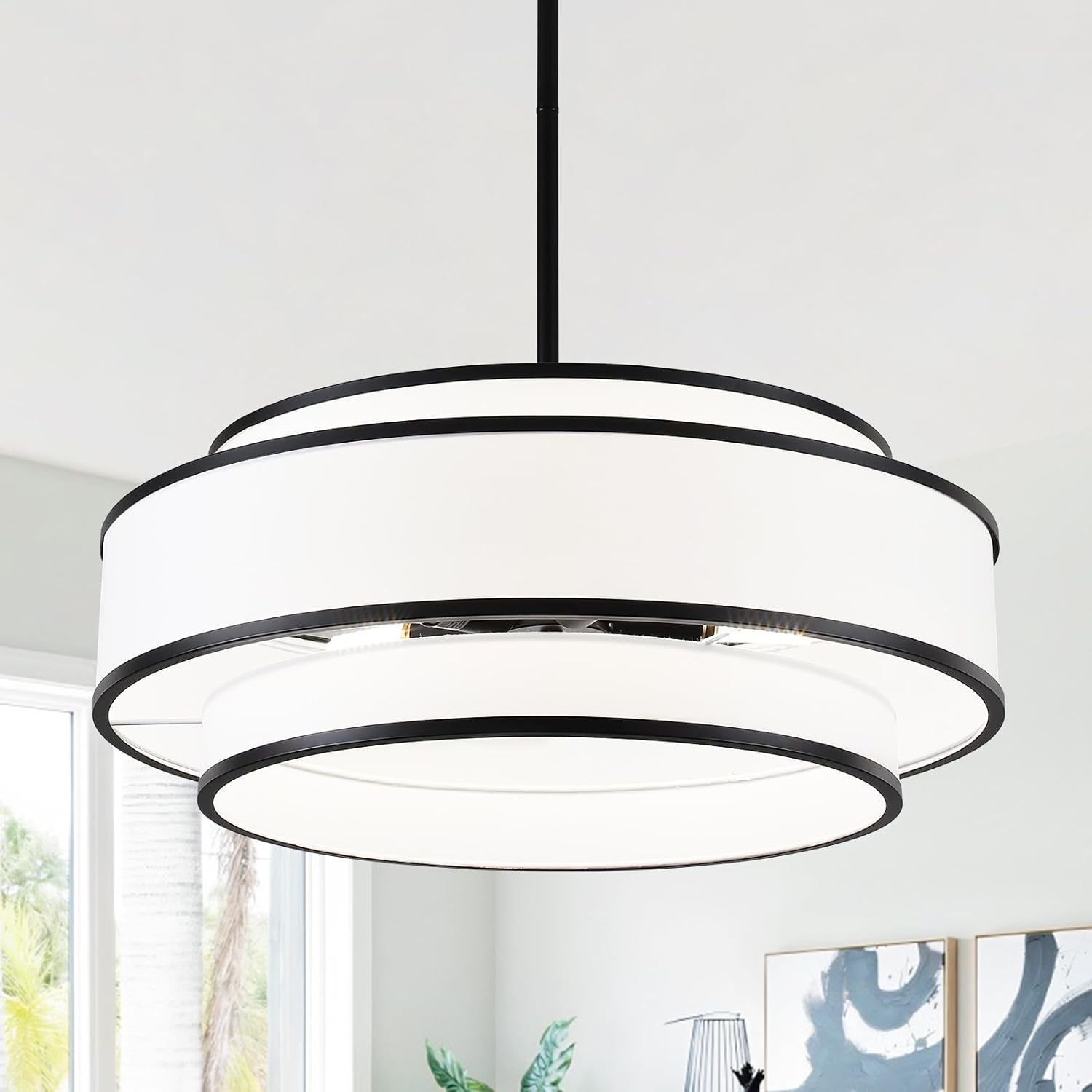 Drum Chandeliers for Dining Room 5 Lights 23.62” Large Modern Black Chandelier with Shades Round Pendant Light Fixtures Hanging Vintage Farmhouse Chandelier for Living Room Foyer Kitchen Table Bedroom